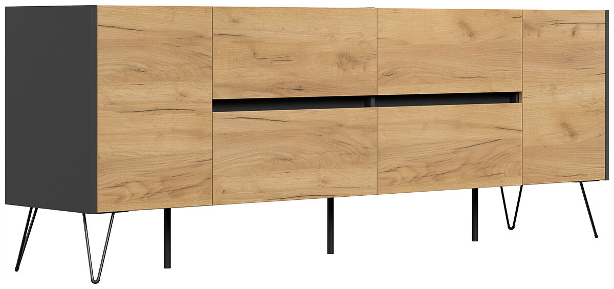 Sideboard Yako 200cm 2 Türen 4 Schubladen Grafit mit Eiche Fronten