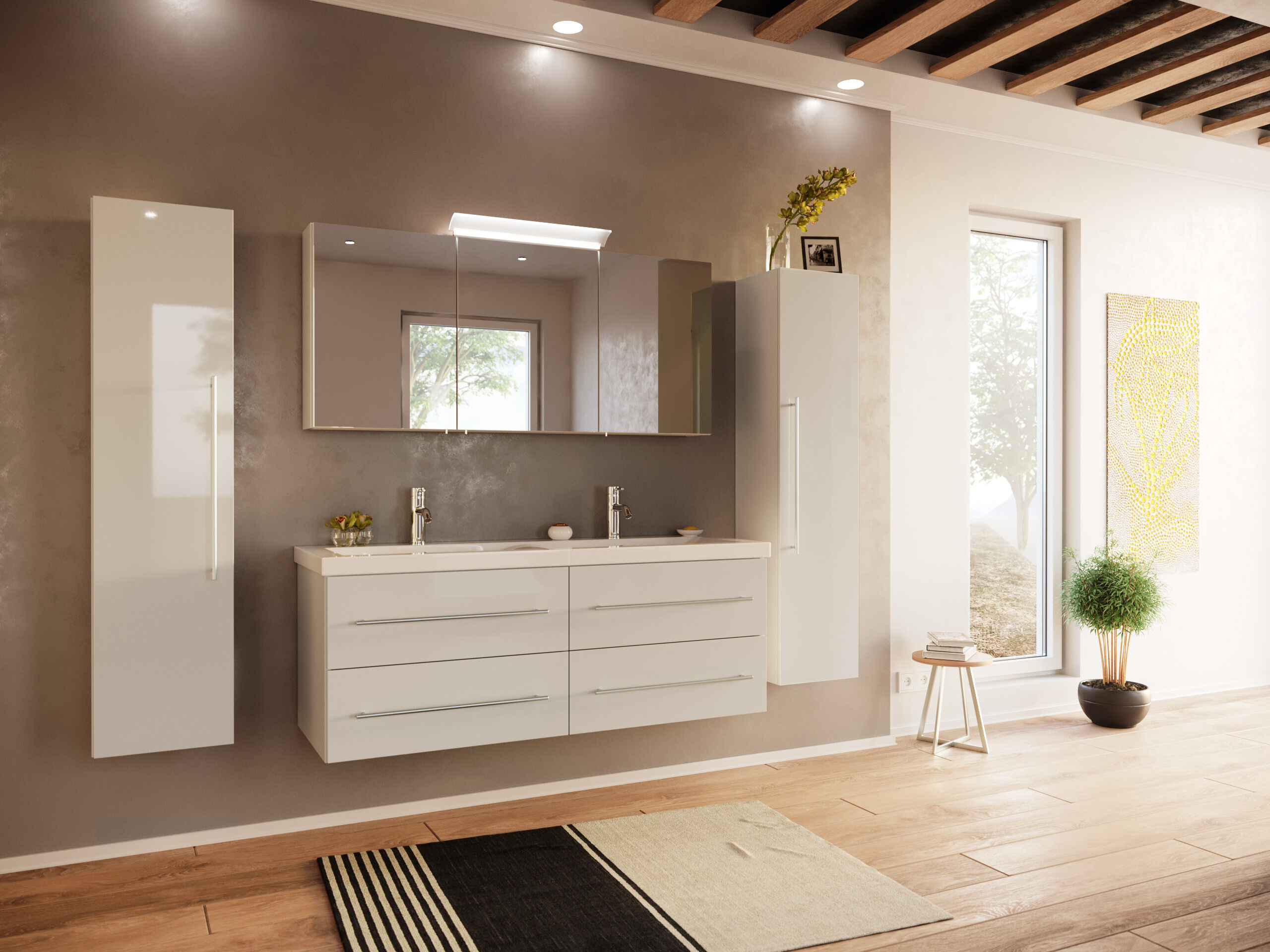 Badmöbelset Persepolis XL 4-teilig Spiegelschrank 2x Hochschrank eiche gold