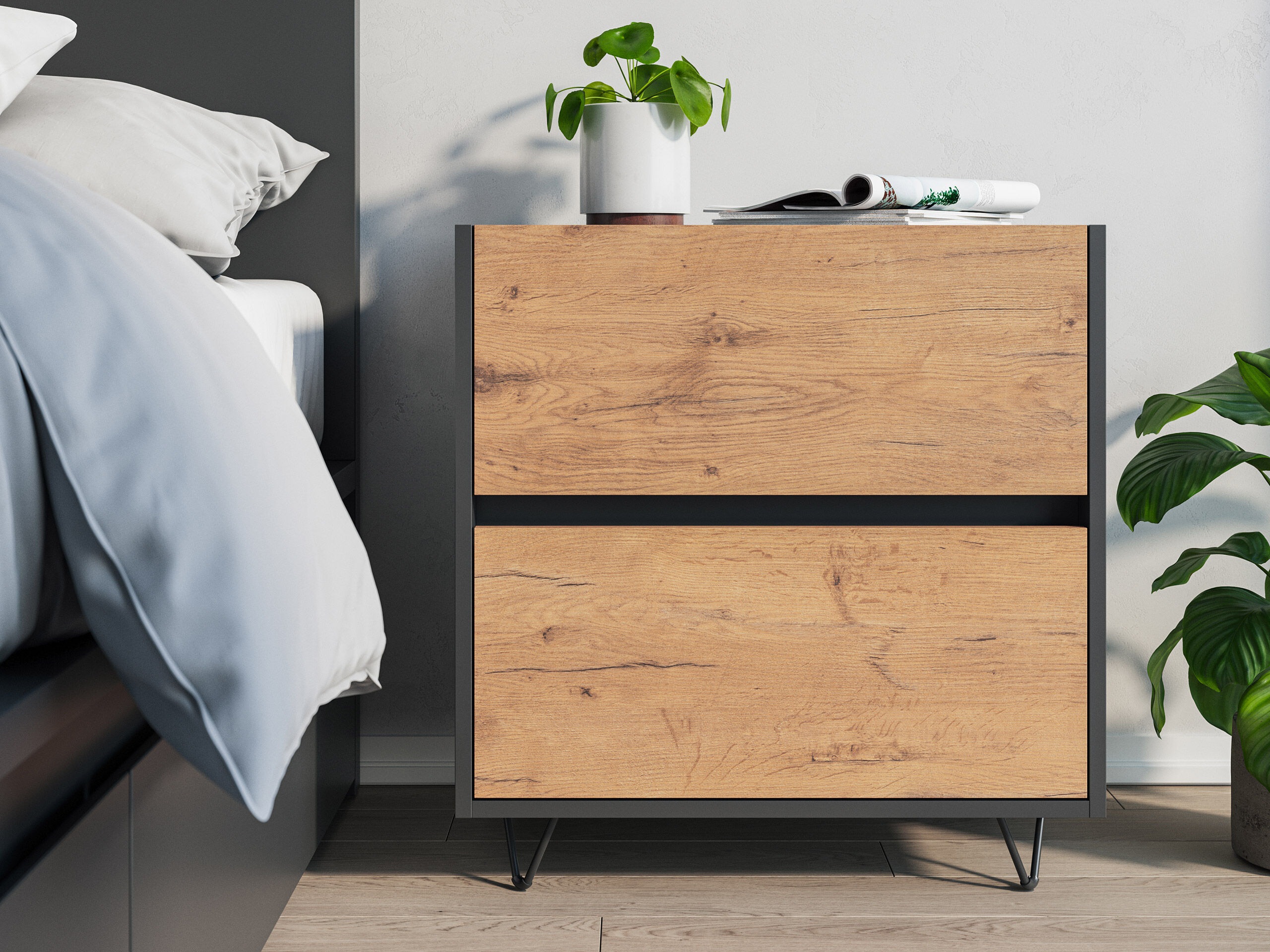 Nachttisch Yako 60cm 2 SoftClose stehend Weiß & Eiche Top