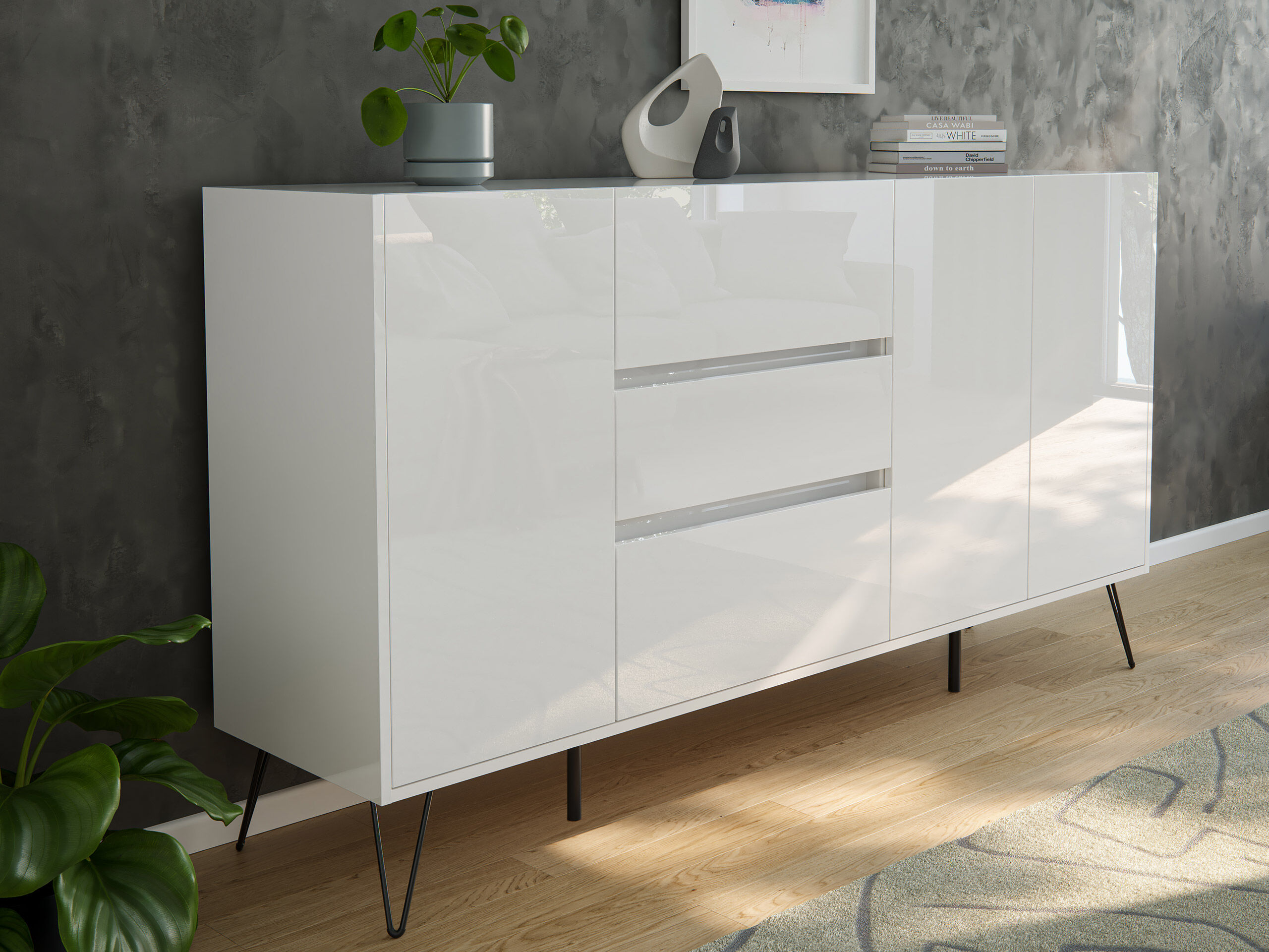 Sideboard Yako XL 180cm 3 SoftClose 3 Türen Weiß hochglanz | Weiss hochglanz