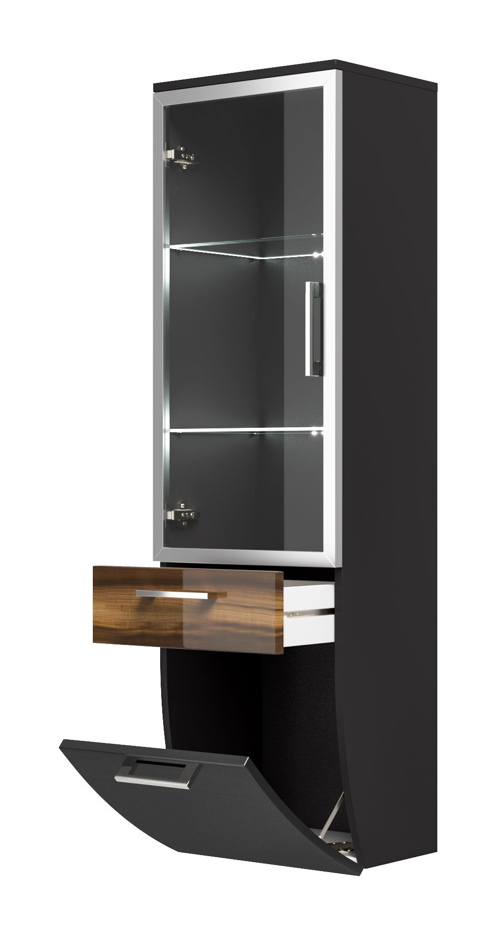 Hochschrank Rima 135 cm mit Glastür rund Walnuss hochglanz/Grafit hochglanz