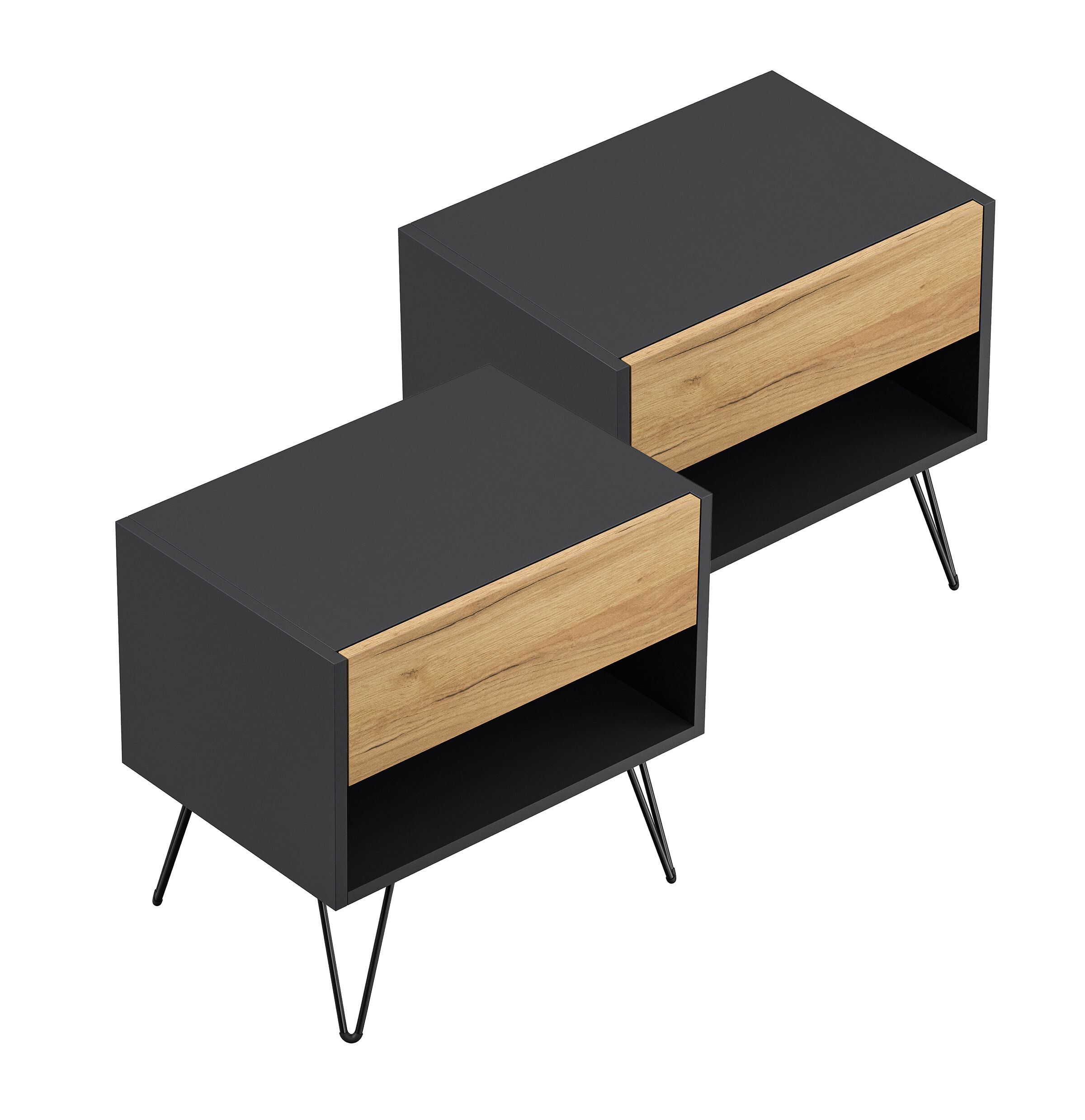 2er Set Nachttisch Kommode Dion 50cm SoftClose stehend Grafit & Eiche Front