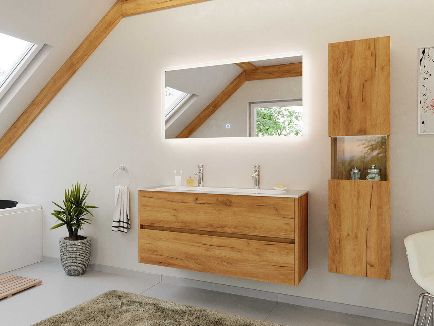 Doppel-Badmöbel Set Taifun 3tlg. 120 cm mit LED Spiegel & Hochschrank weiß Hgl