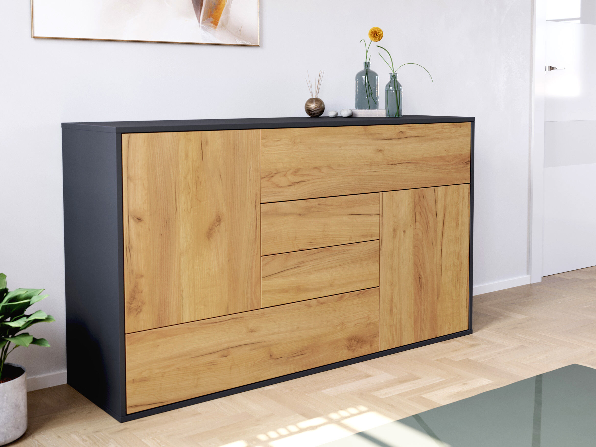 Sideboard stehend Karat A 140cm 2 Türen 4 Pushauszüge Grafit Eiche | Grafit / Eiche Gold