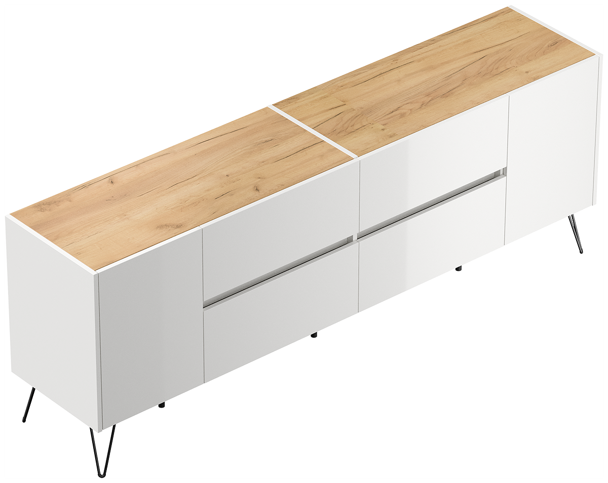 Sideboard Yako 200cm 2 Türen 4 Schubladen Weiß Hgl mit Eiche Top