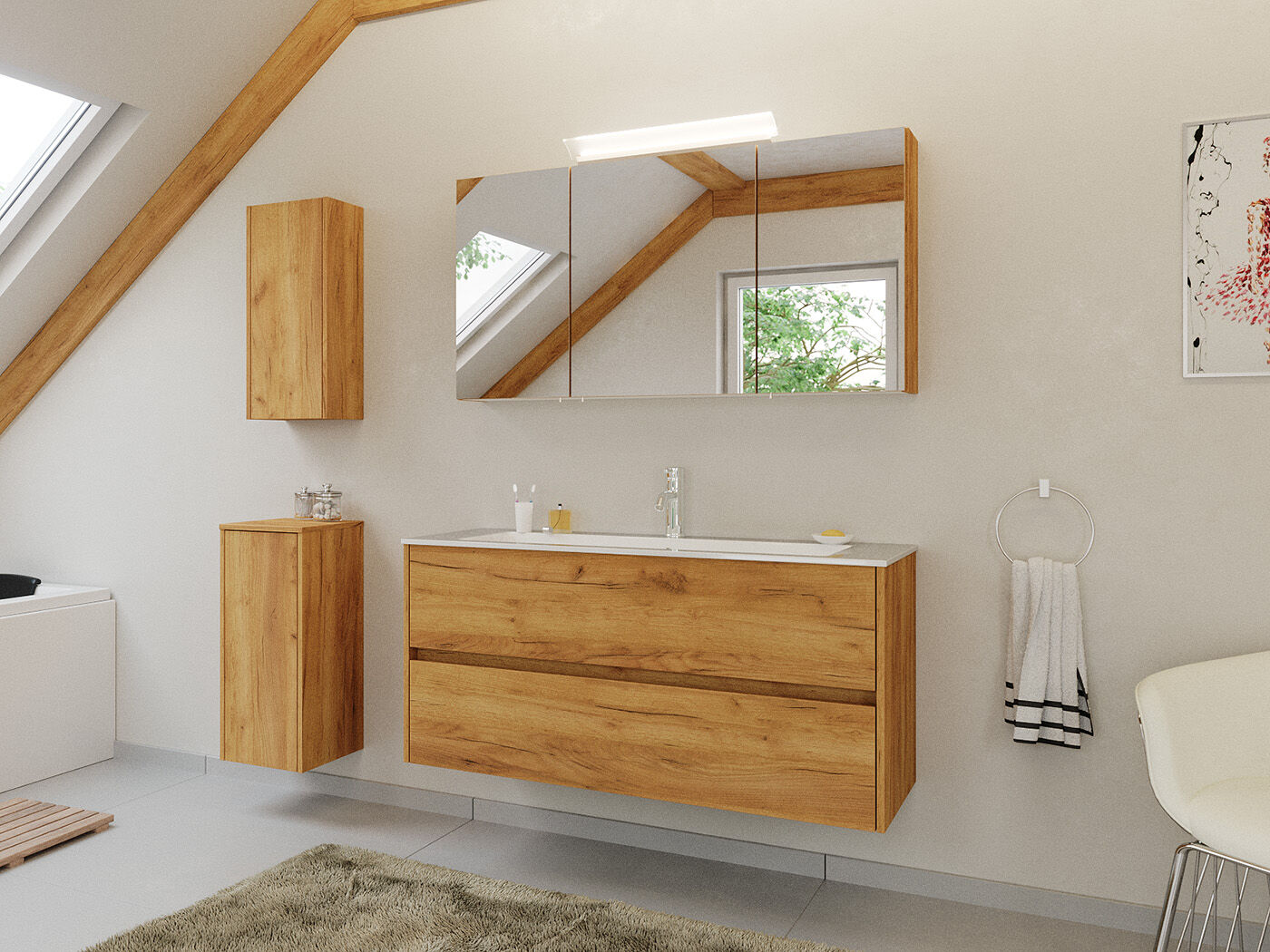 Badmöbel Set Taifun 4tlg. 120 cm mit Spiegelschrank & 2x Badschrank eiche gold | Eiche Gold