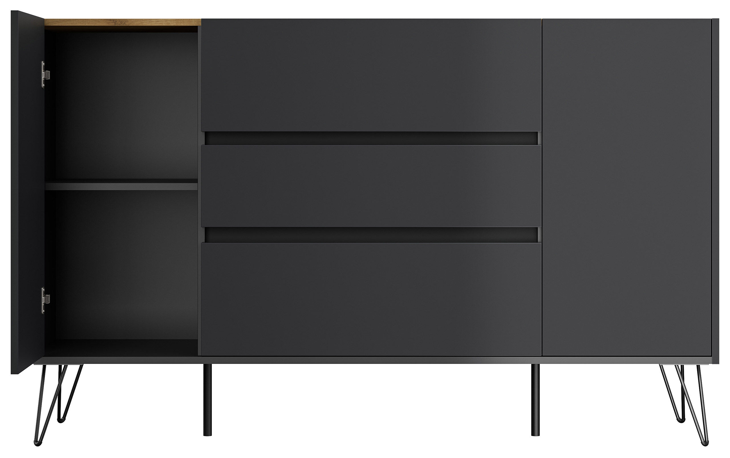 Sideboard Kommode Lovo 155cm Greifraum 3 SoftClose 2 Türen Weiß/Eiche Front