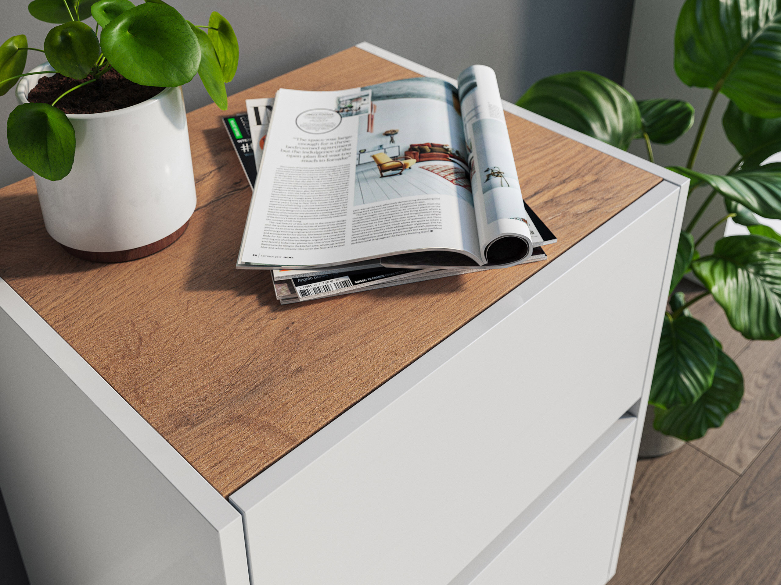 Nachttisch Yako 50cm 2 SoftClose stehend Weiß & Eiche Front