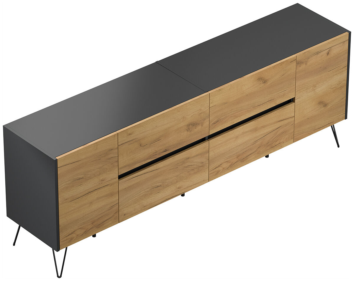 Sideboard Yako 200cm 2 Türen 4 Schubladen Grafit mit Eiche Fronten