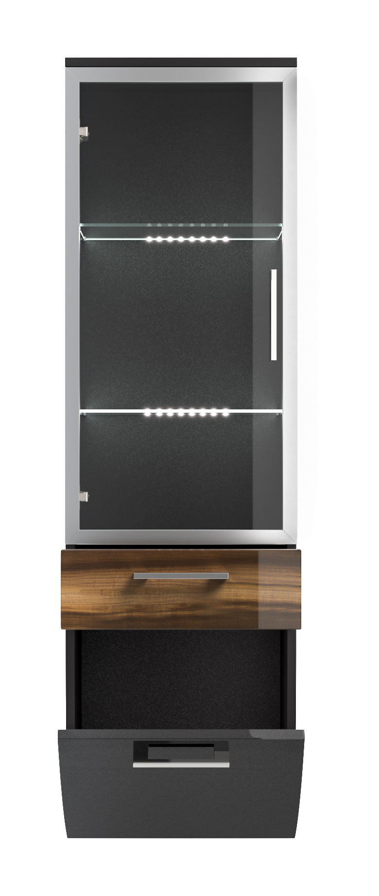 Hochschrank Rima 135 cm mit Glastür rund Walnuss hochglanz/Grafit hochglanz