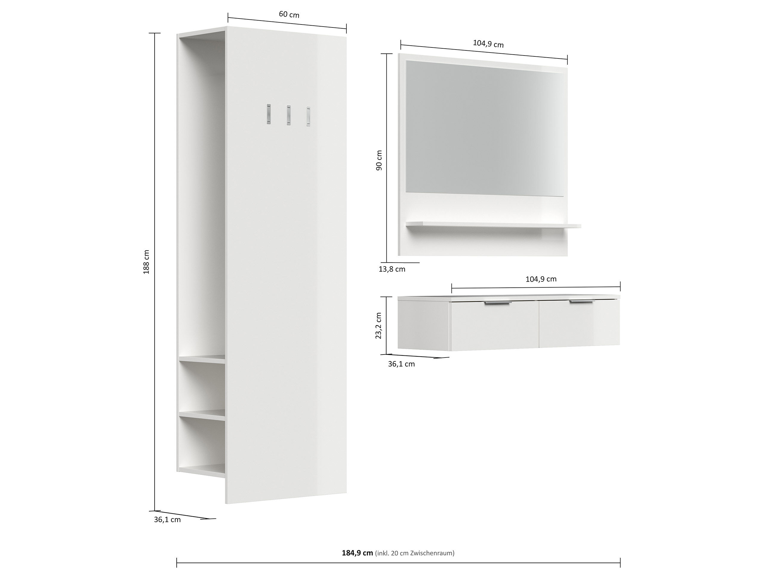 Flurmöbel-Set Terra 3 tlg Paneel Softclose Konsole Spiegel 6 Paar Asche