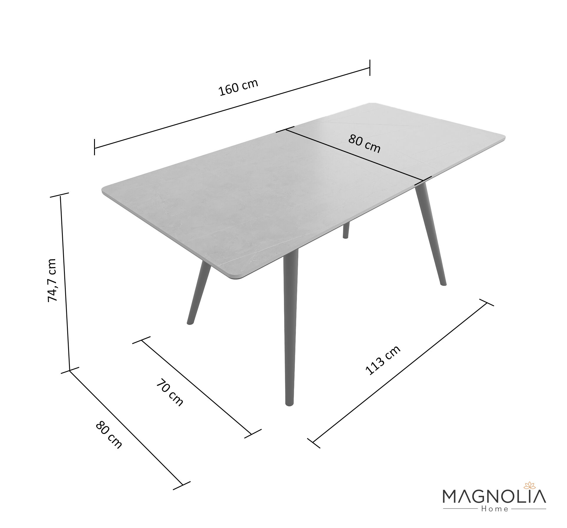 Esstisch 160x80cm schwarze Keramikplatte schwarze konische Tischbeine
