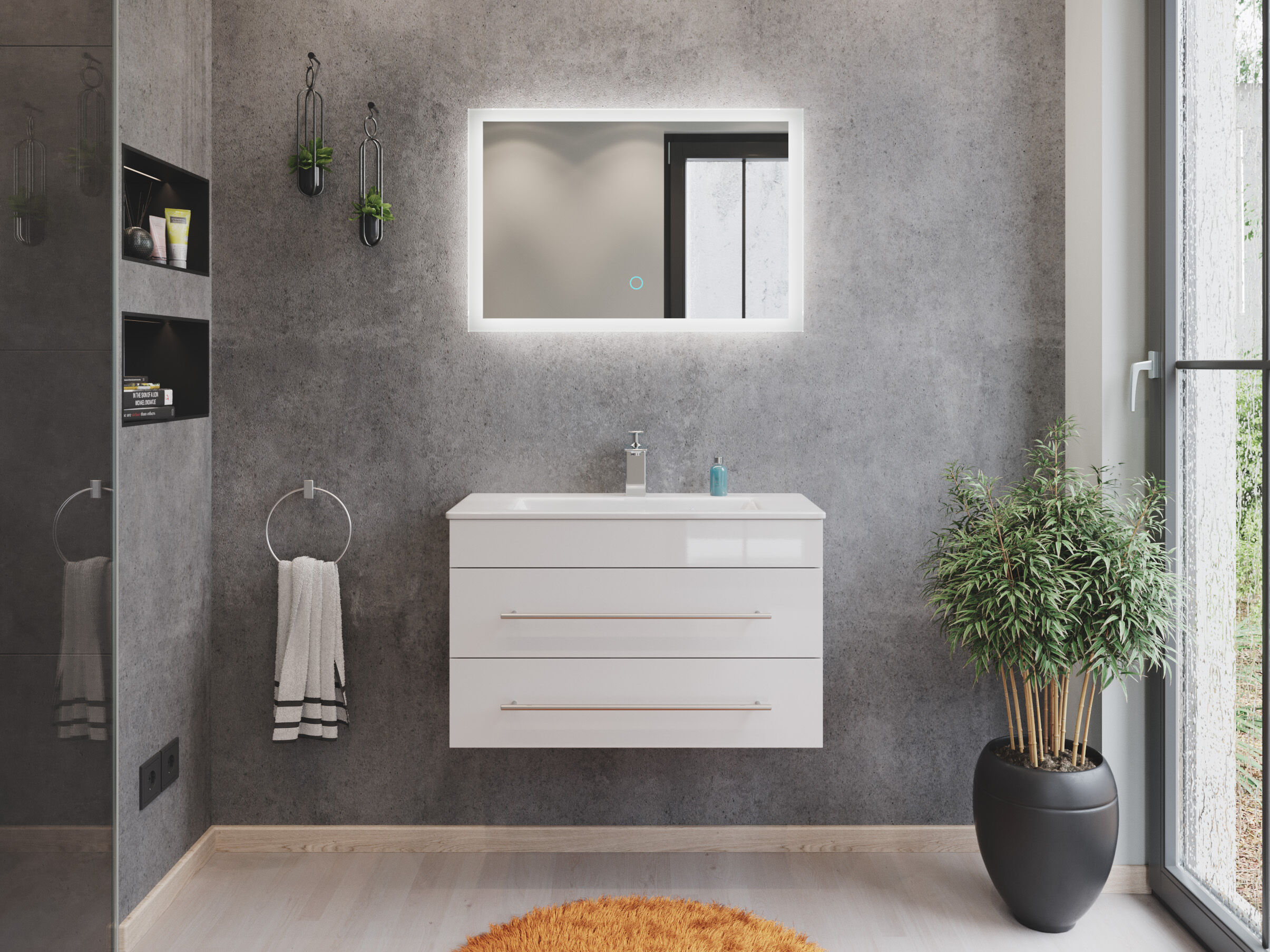 Badmöbel Mars 800 2-teilig mit LED Spiegel SlimLine eiche gold