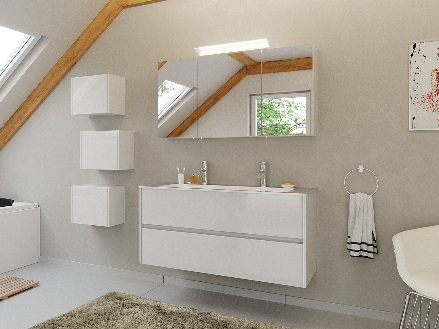 Doppel-Badmöbel Set Taifun 3tlg. 120 cm Spiegelschrank & 3er Boxen eiche gold