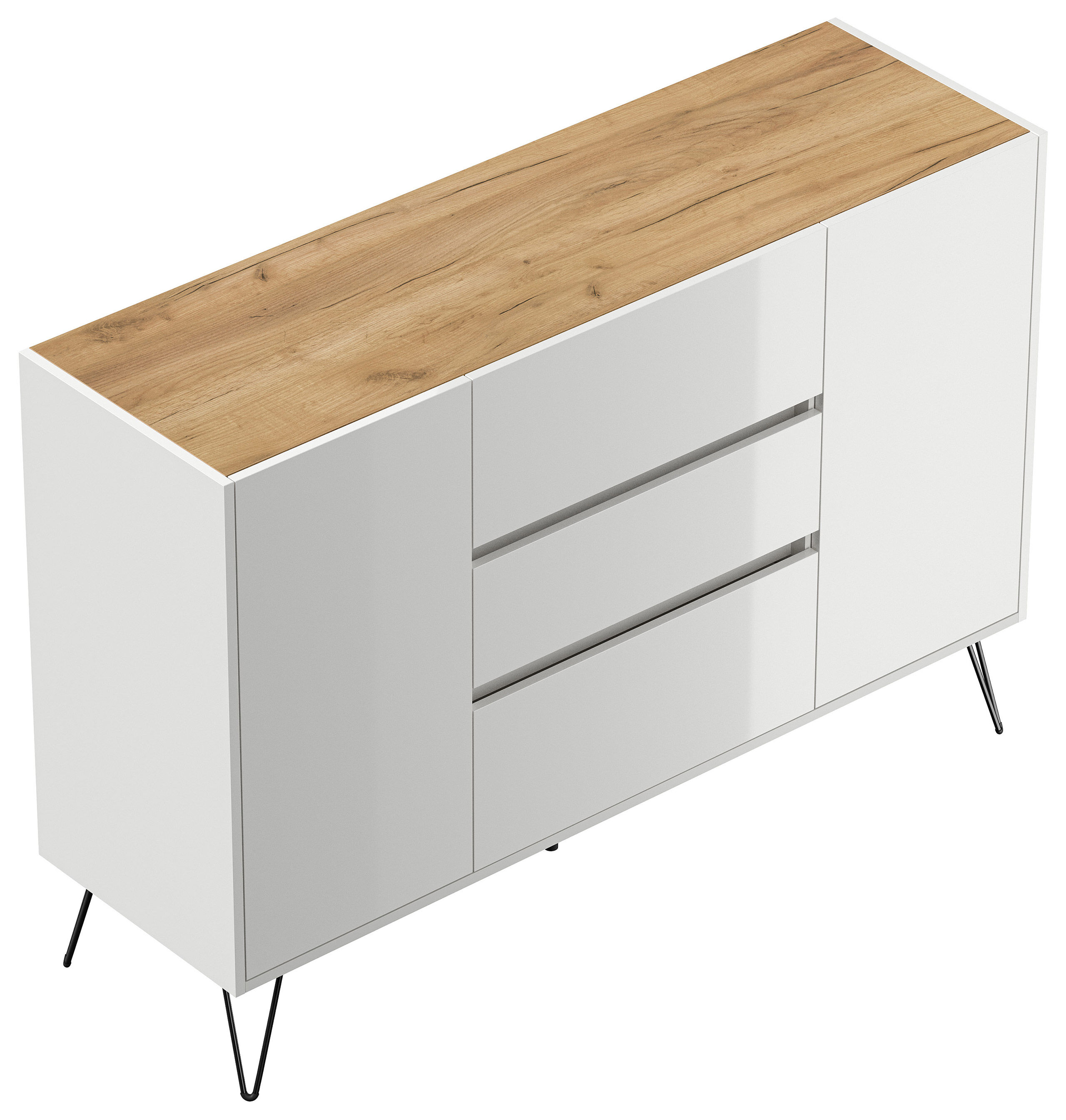 Sideboard Yako XL 140cm 3 SoftClose 2 Türen Weiß/Eiche Top