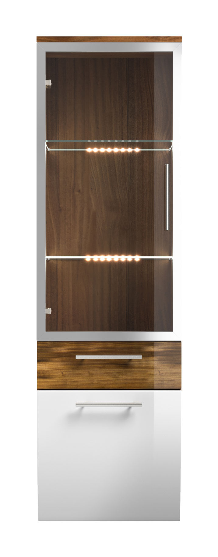 Hochschrank Salona 135 cm mit Glastür Weiss hochglanz/Walnuss hochglanz