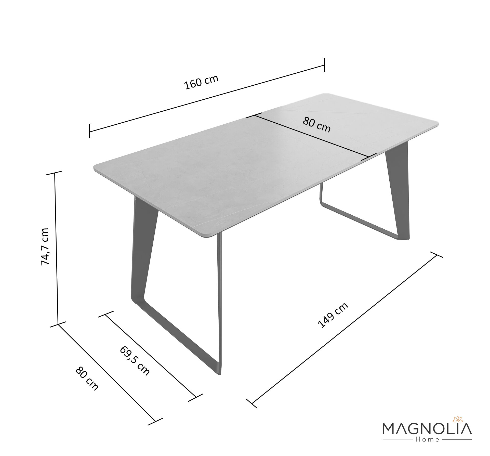 Esstisch 160x80cm weiße Keramikplatte schwarze U-Form Beine