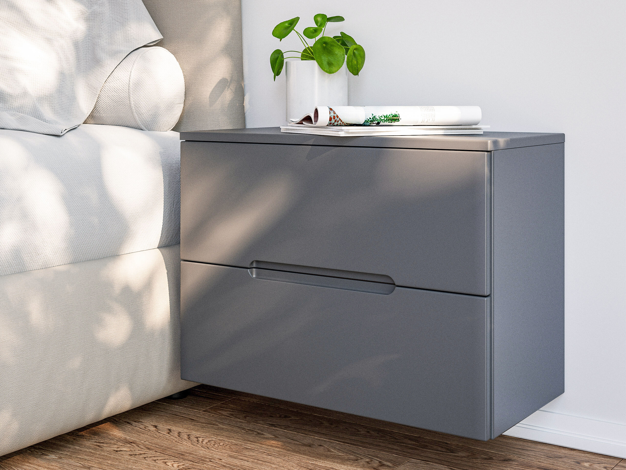 Nachttisch Talo 60cm 2 Softclose-Einzüge mit Greifraum Wandmontage grau matt