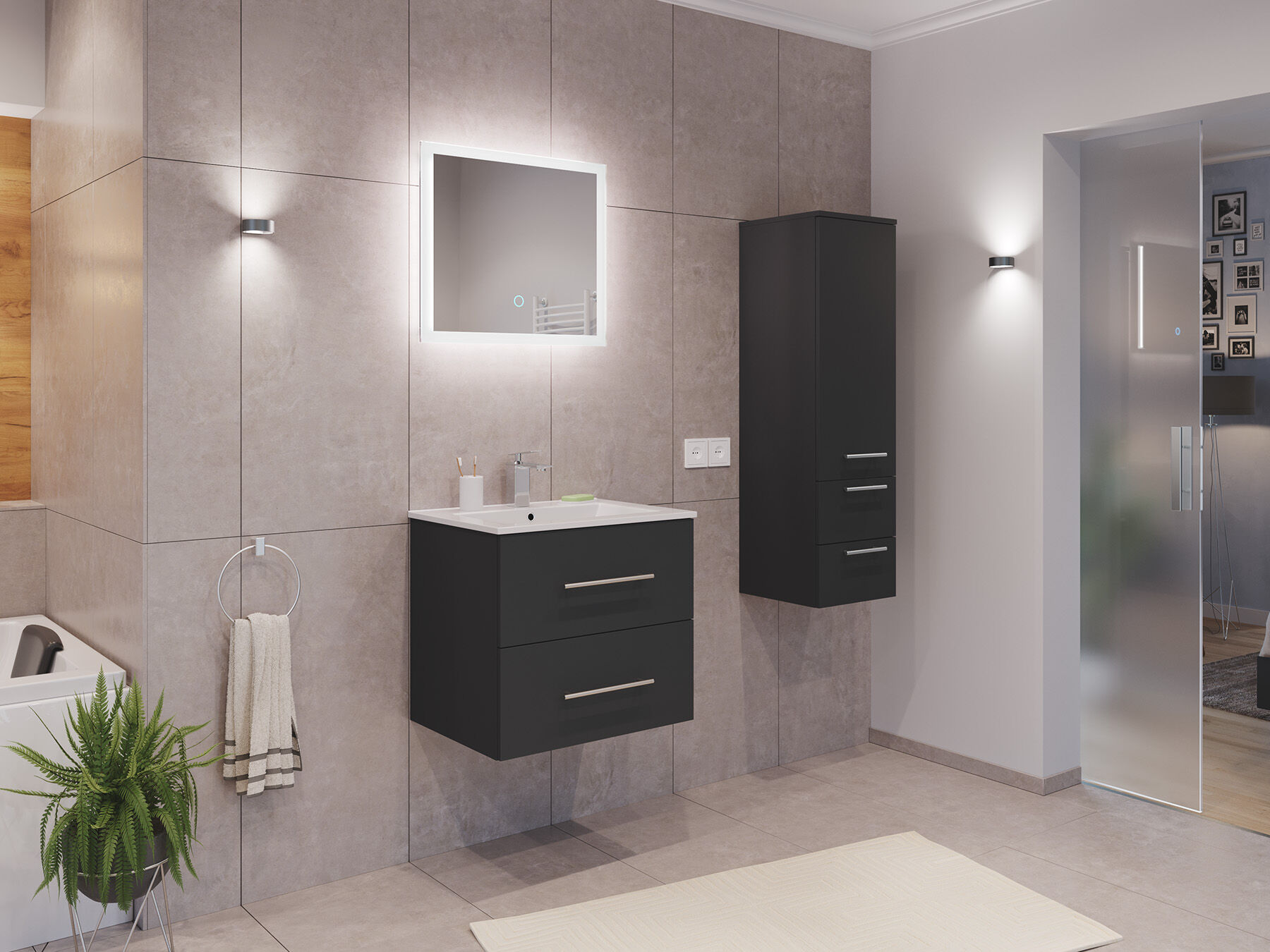 Badmöbel Set Firenze 60 3tlg. LED Spiegel und Seitenschrank eiche gold