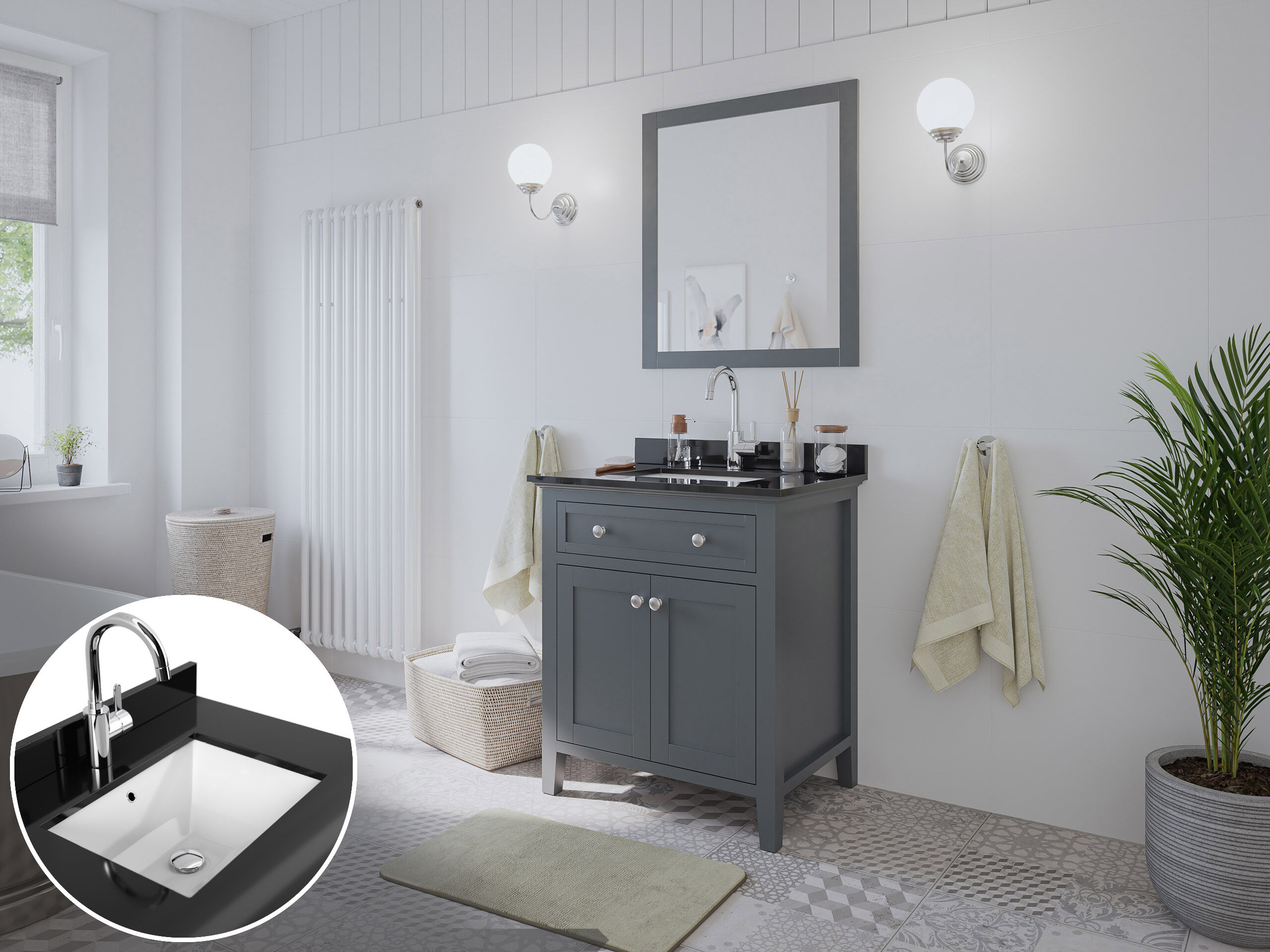 Landhaus Badmöbel-Set 2tlg Postigo 75 Quarz schwarz montiert blau lackiert 