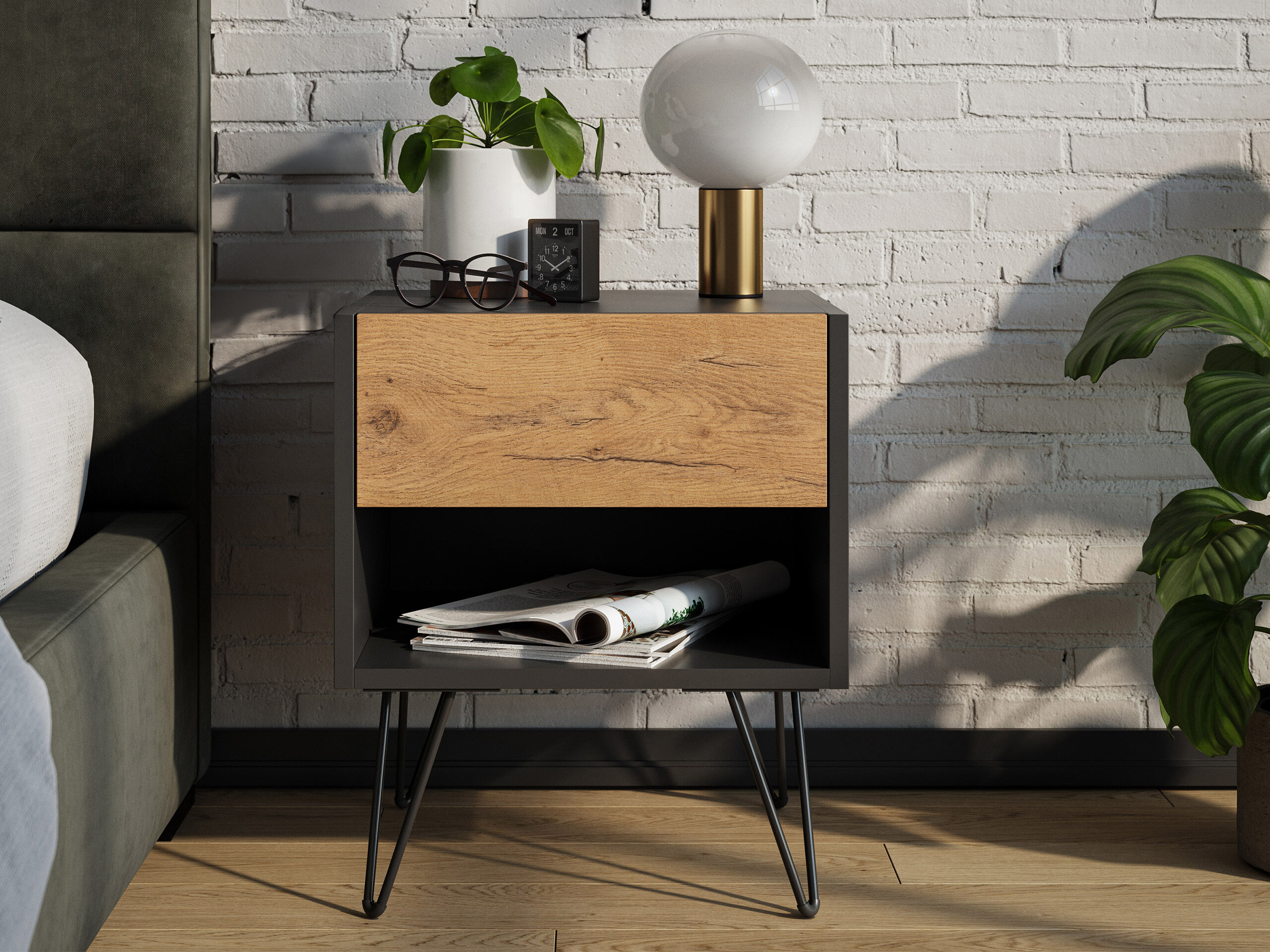 2er Set Nachttisch Kommode Dion 40cm SoftClose stehend Grafit & Eiche Front