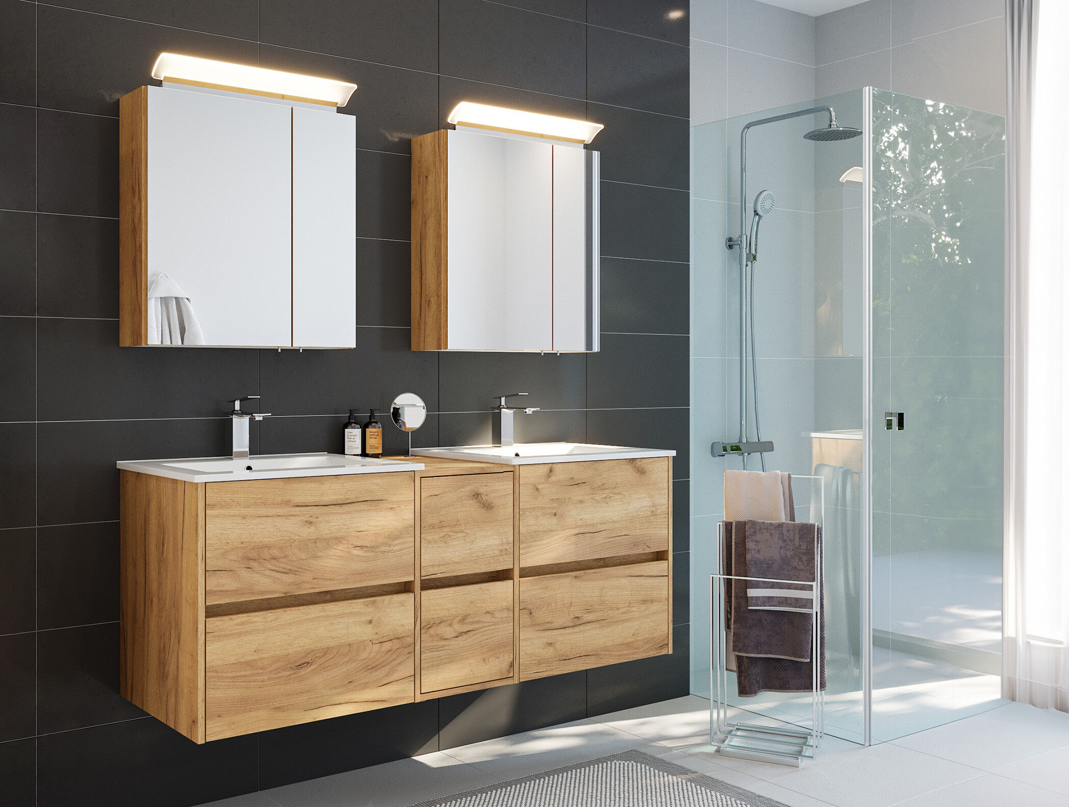 Badmöbelset Taifun 150cm 3tlg mit 2x Spiegelschrank eiche gold