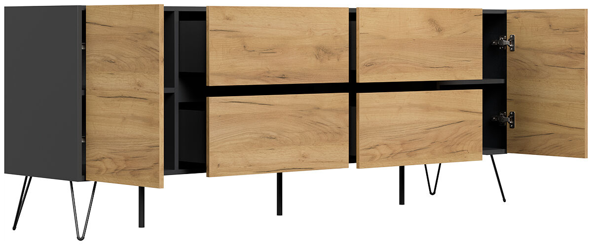 Sideboard Yako 200cm 2 Türen 4 Schubladen Grafit mit Eiche Fronten