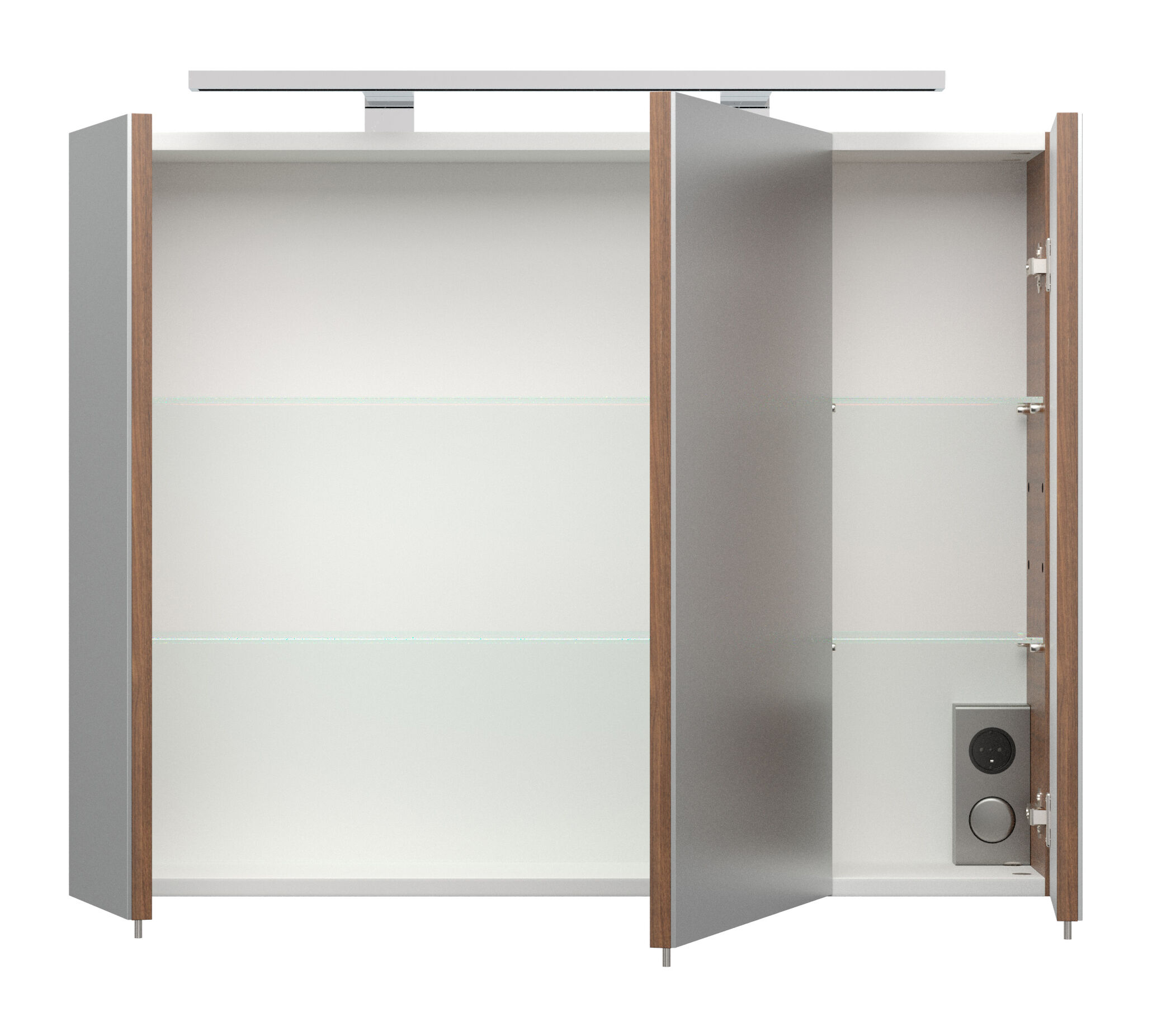 Spiegelschrank 80cm inkl. Design LED-Lampe und Glasböden walnuss