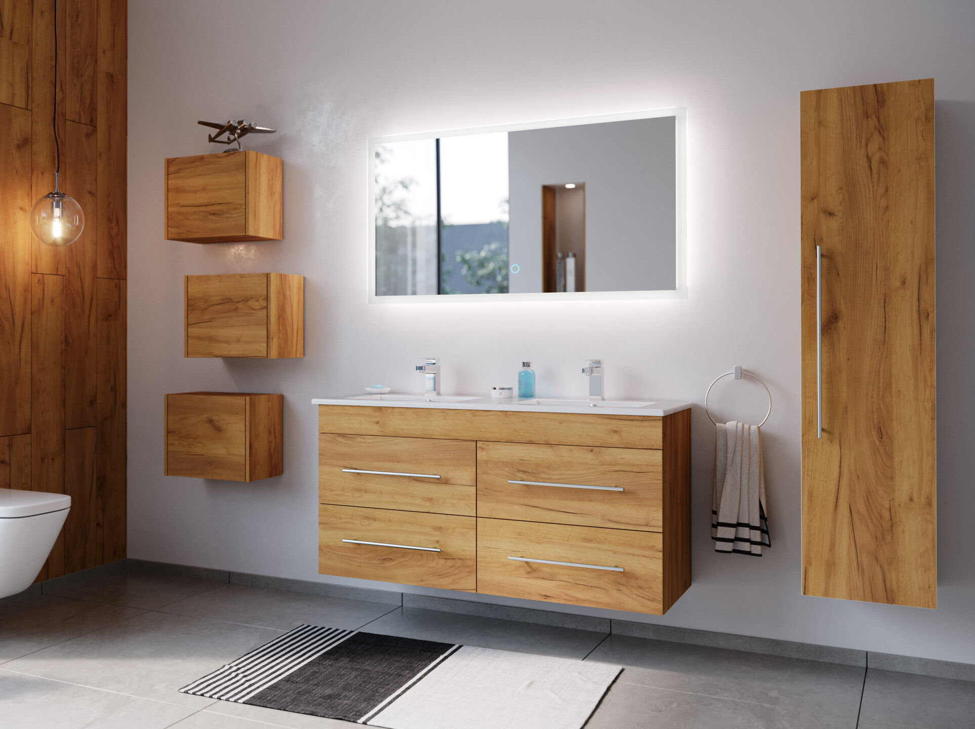 Badmöbelset Helios 4-teilig LED Spiegel Hochschrank 3er Boxen eiche gold