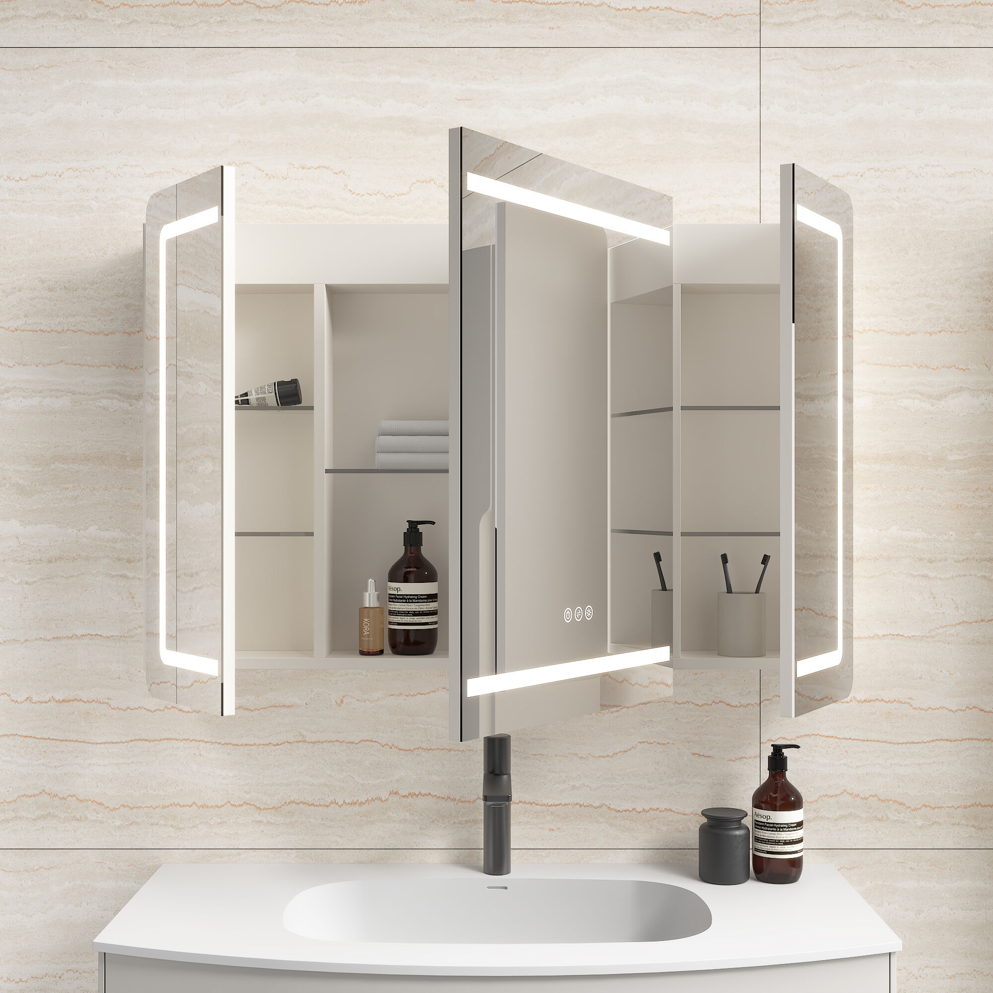 Spiegelschrank Riva 100 cm inkl. Design LED-Lampe und Glasböden weiß matt