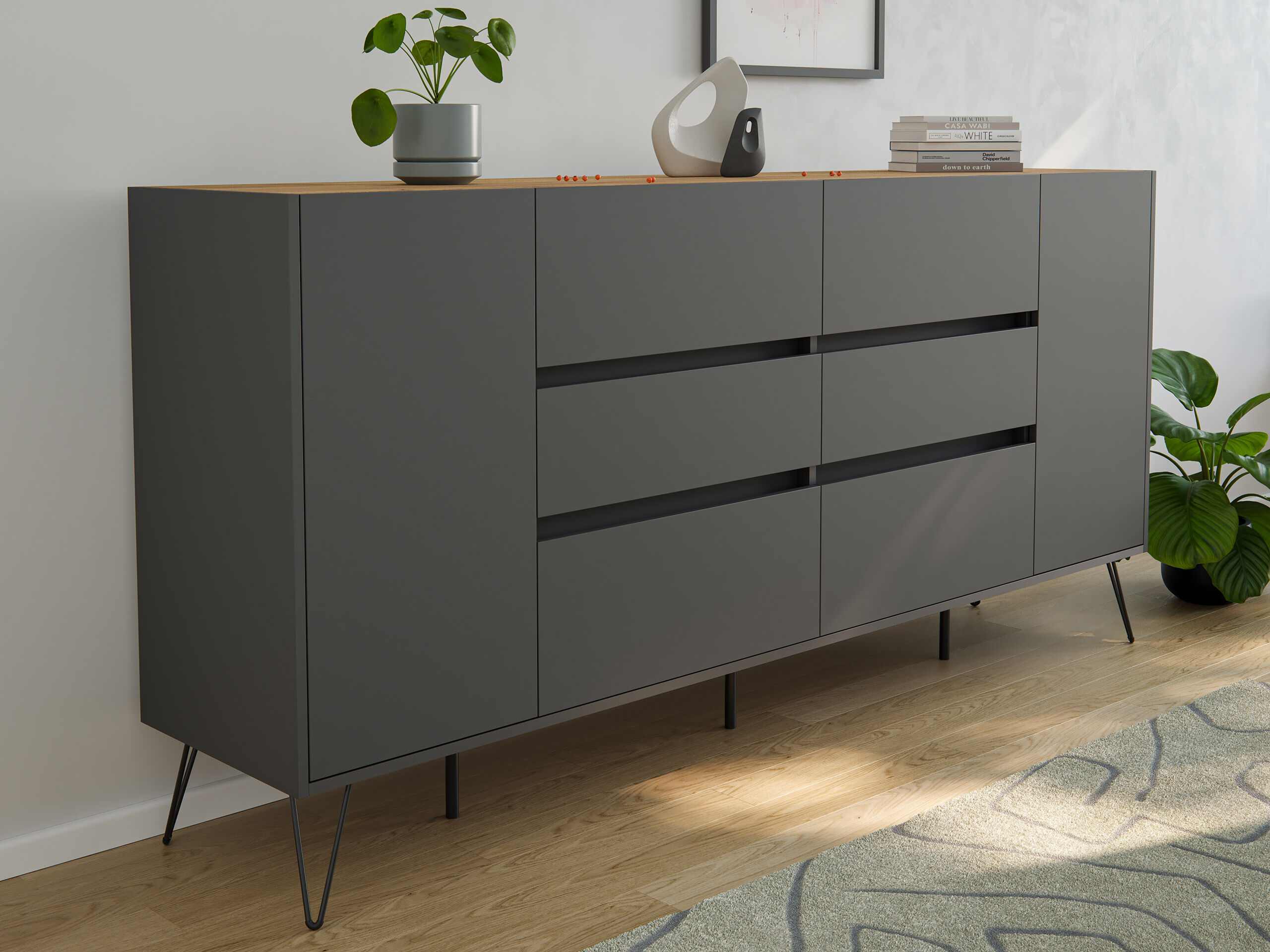 Sideboard Yako XL 200cm 6 SoftClose 2 Türen Grafit/Eiche Top