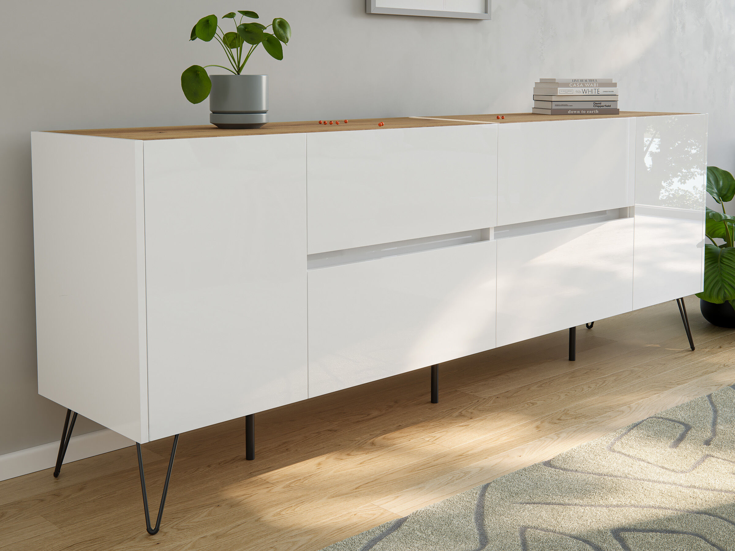 Sideboard Yako 200cm 2 Türen 4 Schubladen Weiß Hgl mit Eiche Top