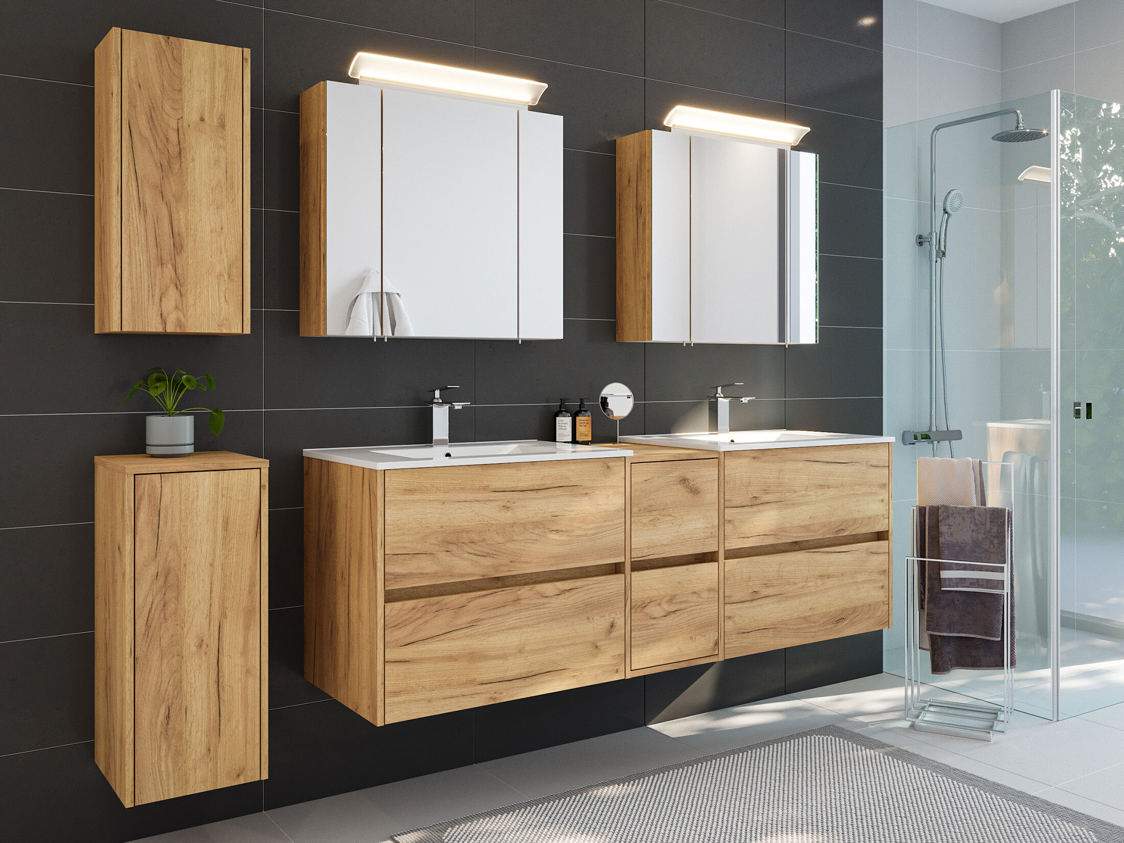 Badmöbelset Taifun 170cm 5tlg mit 2x Spiegelschrank & 2x Badschrank eiche gold