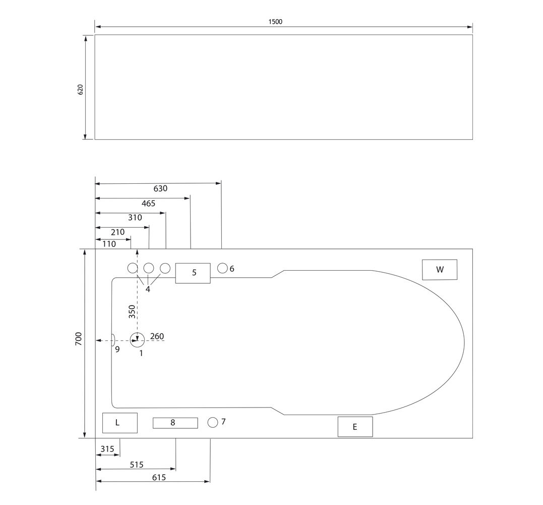 Ocean 150 rechts Whirlpool Set ohne Armatur