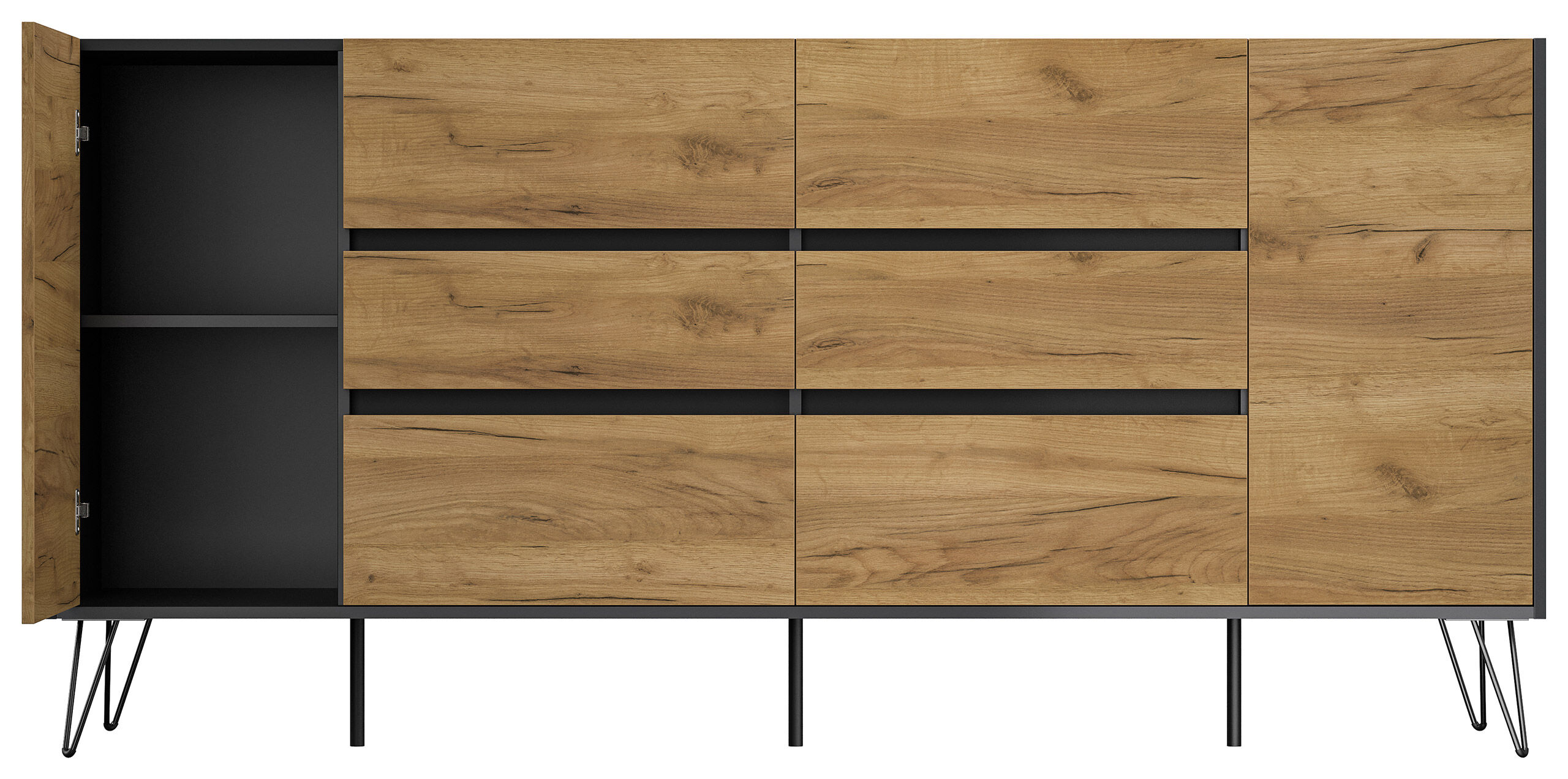 Sideboard Kommode Yako 200cm Greifraum 6 SoftClose 2 Türen Grafit/Eiche Front