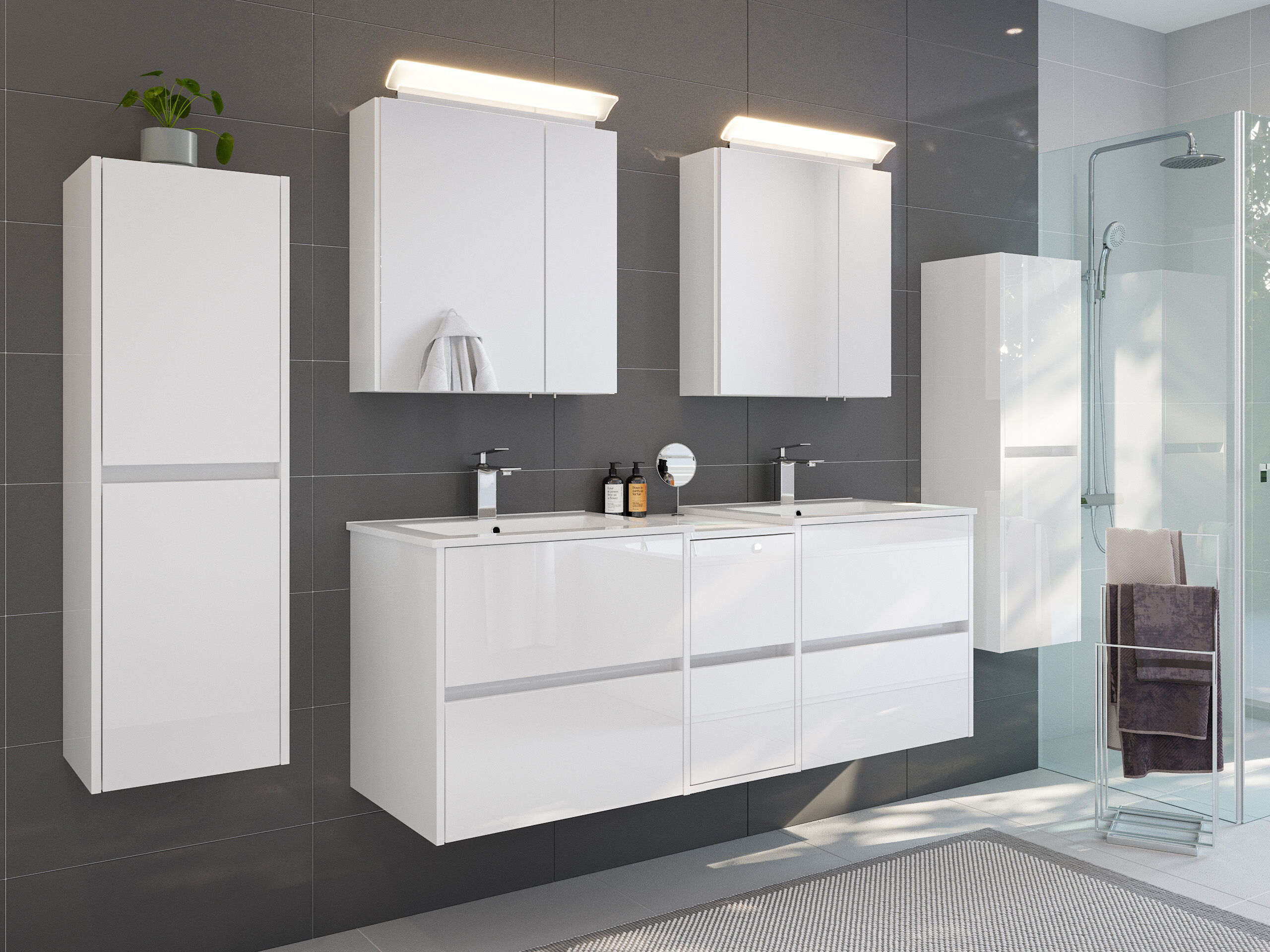 Badmöbelset Taifun 150cm 5tlg mit 2x Spiegelschrank & 2x Seitenschrank weiß Hgl