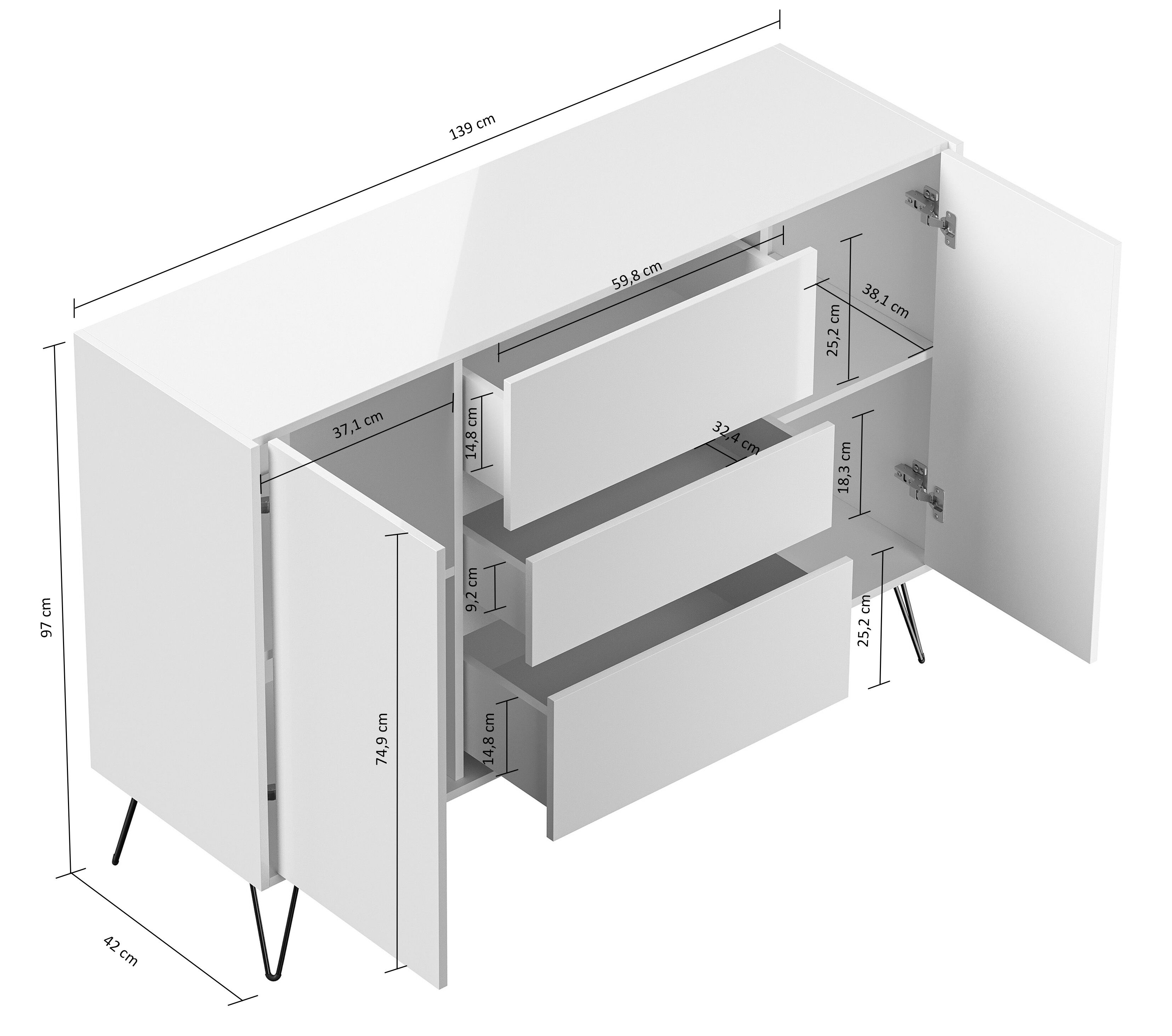 Sideboard Yako XL 140cm 3 SoftClose 2 Türen Grafit