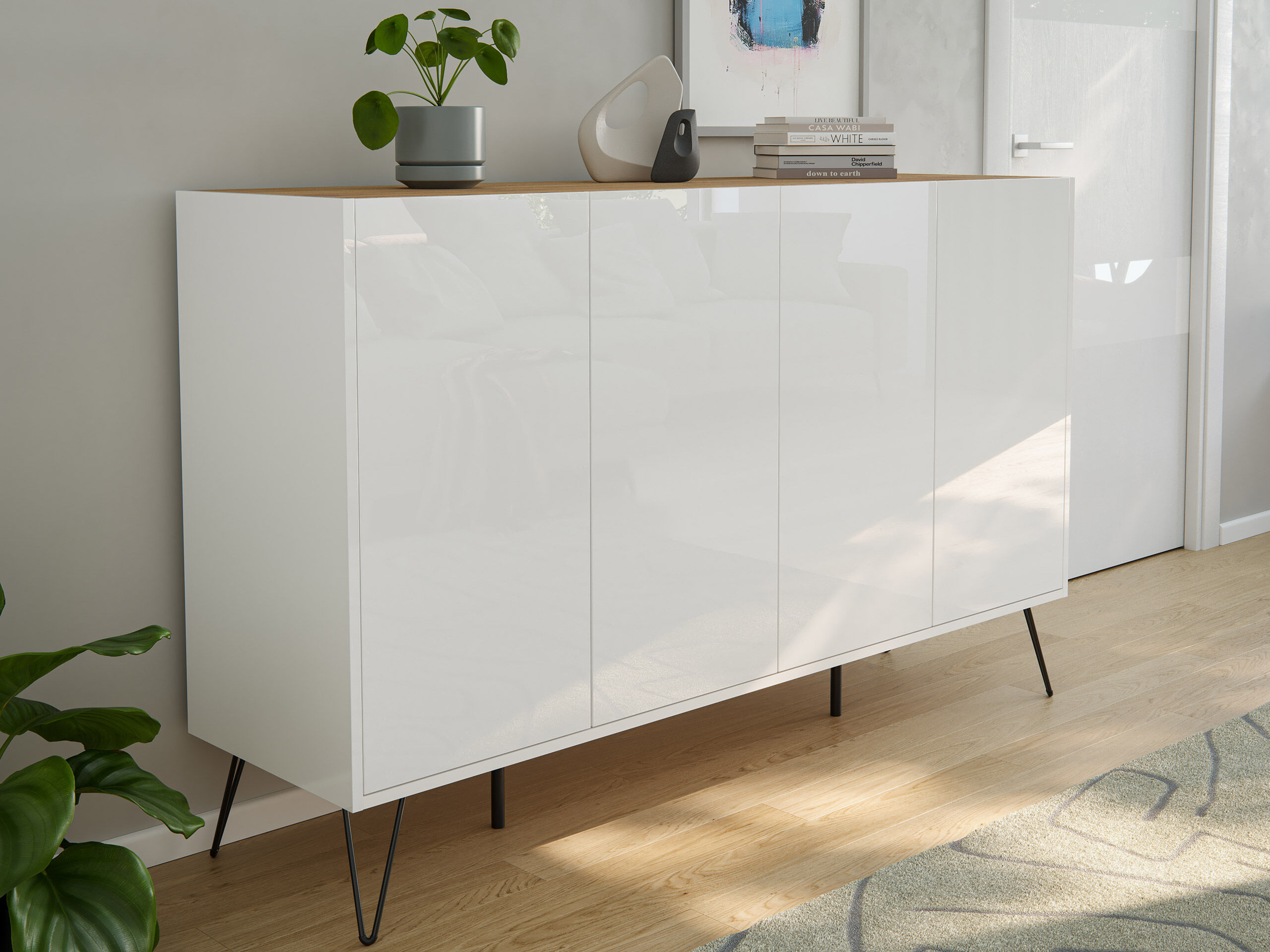 Kommode Maxim XL 155cm 4 Softclose Türen Weiß/Eiche Top | Weiss hochglanz / Eiche Gold