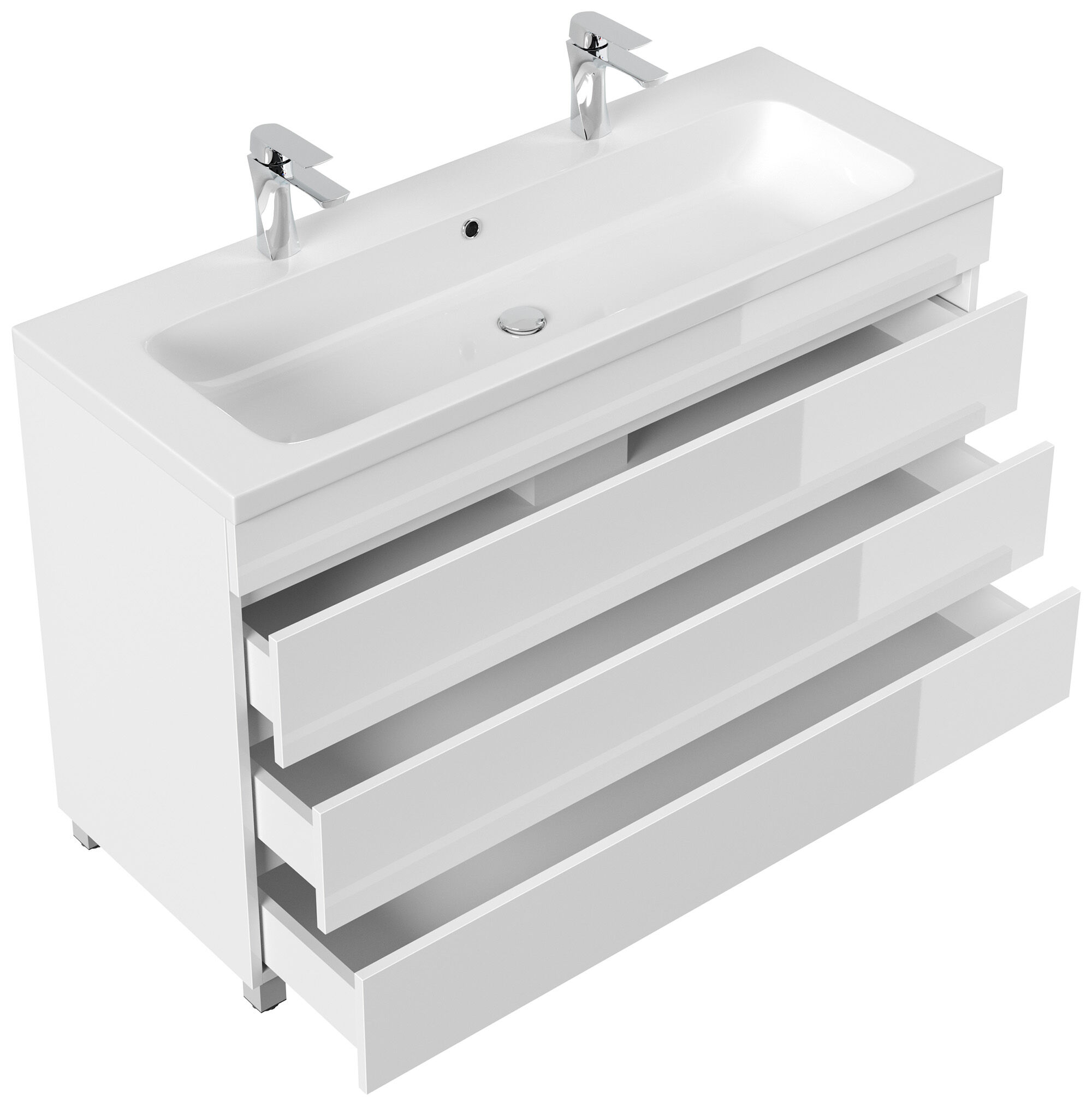 Stand Doppel Badmöbel Via 120 weiss hochglanz mit 3 grifflosen Schubladen