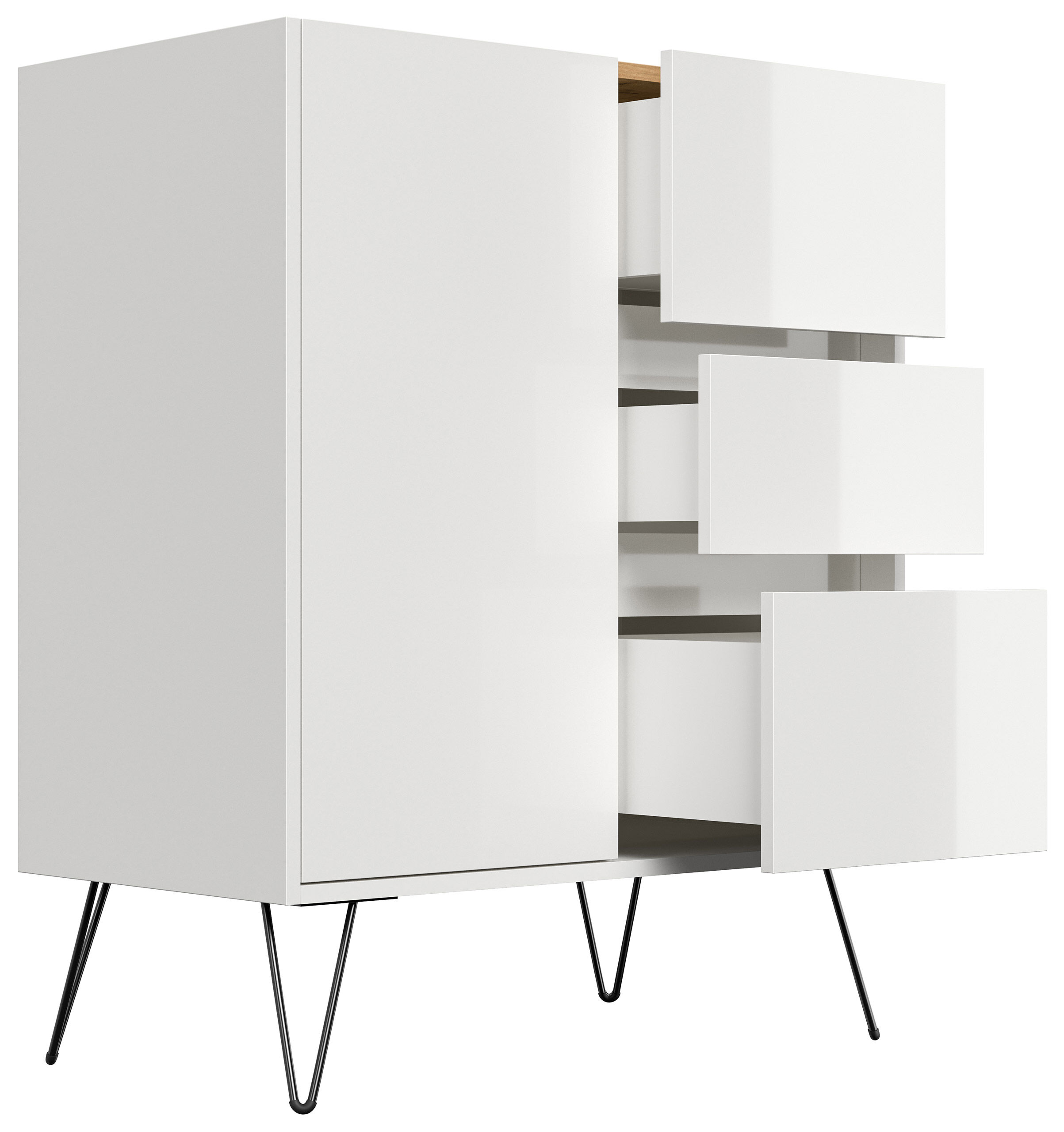Design Sideboard Kommode Rauk 80cm 3 Greifraum SoftClose 1 Tür Weiß/Eiche Top