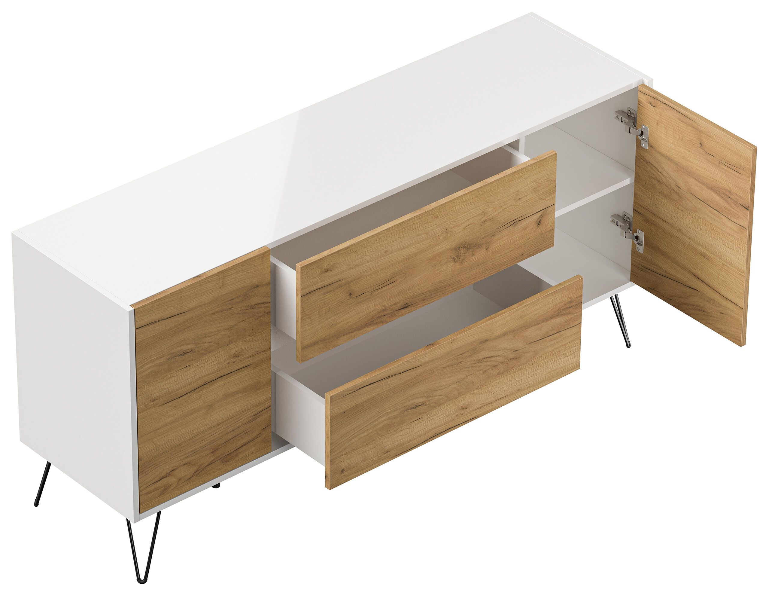 Sideboard Yako 155cm 2 SoftClose 2 Türen Weiß/Eiche Front