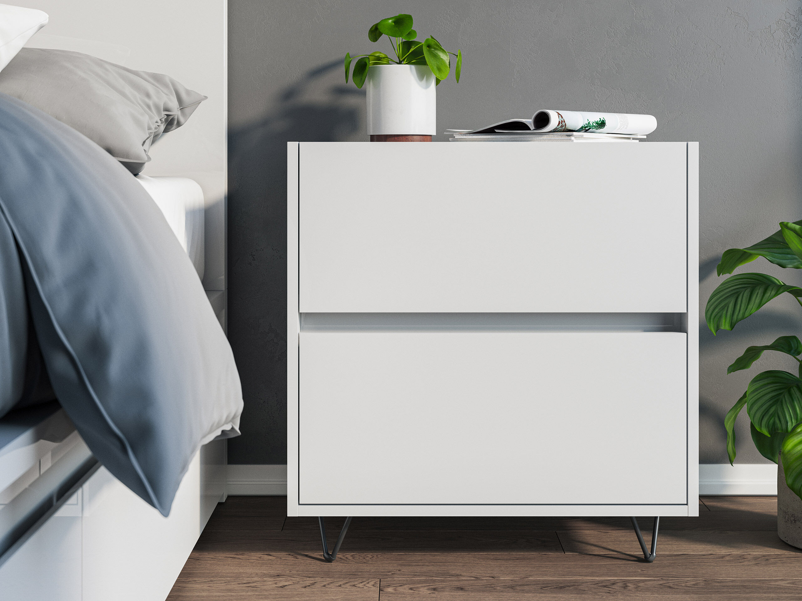 Nachttisch Yako 60cm 2 SoftClose stehend Weiß & Eiche Top