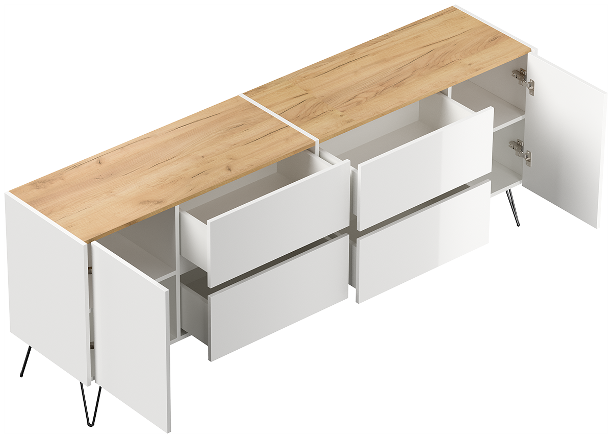 Sideboard Yako 200cm 2 Türen 4 Schubladen Weiß Hgl mit Eiche Top