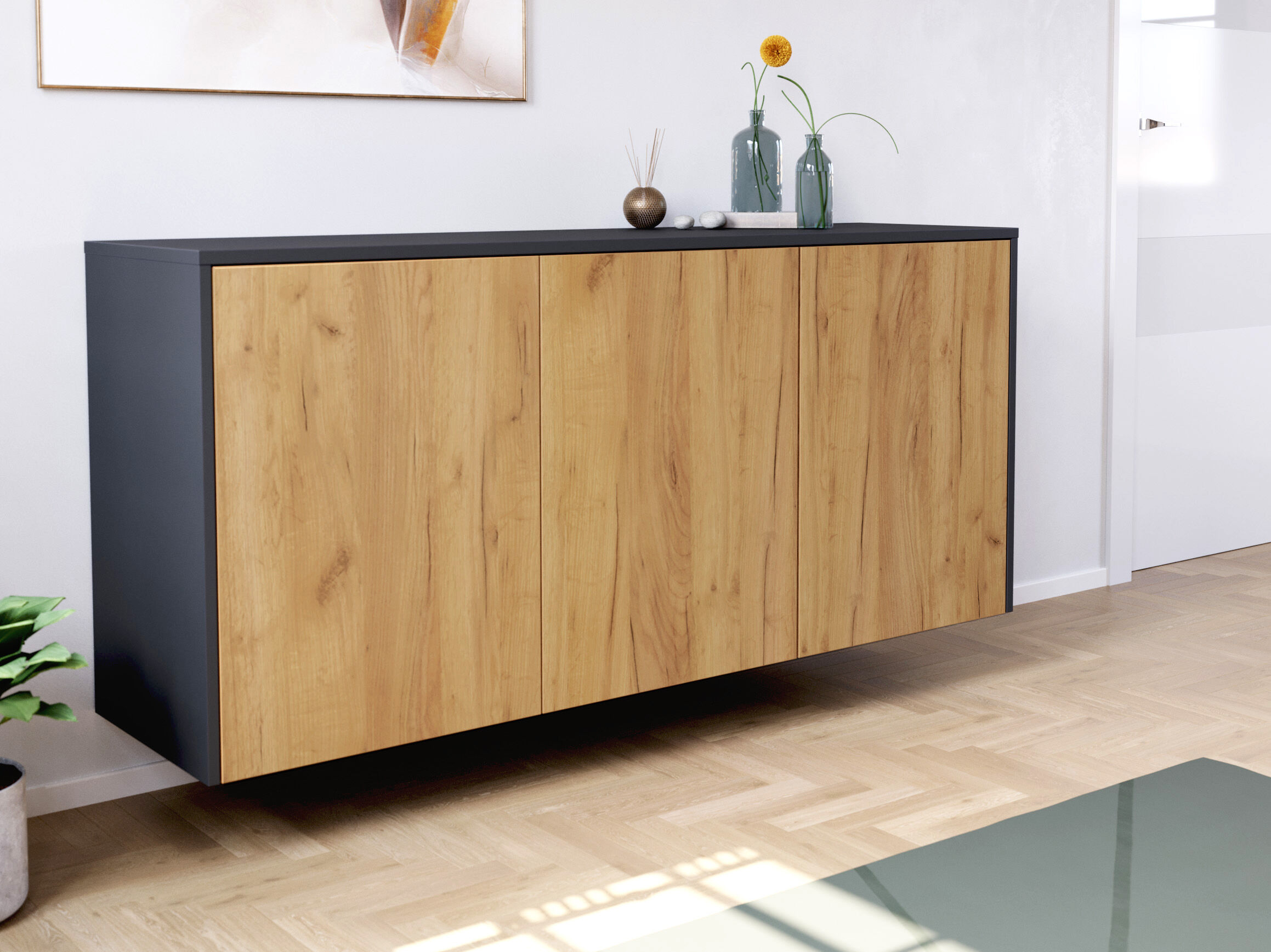 Design Sideboard Kommode Genesis B hängend 150cm 3 Türen Grafit Eiche | Grafit / Eiche Gold