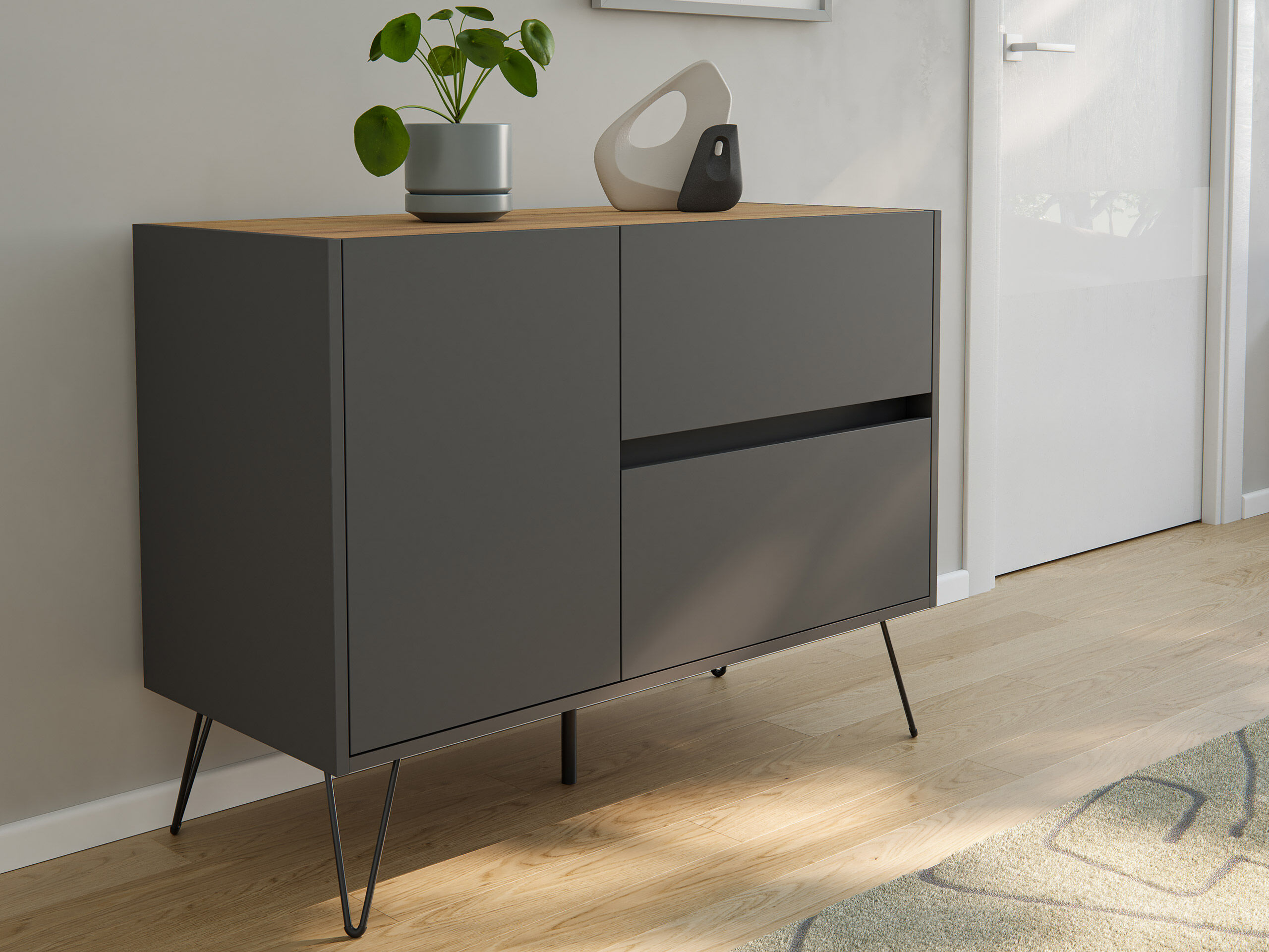 Sideboard Yako 100cm 2 SoftClose 1 Tür Grafit/Eiche Top