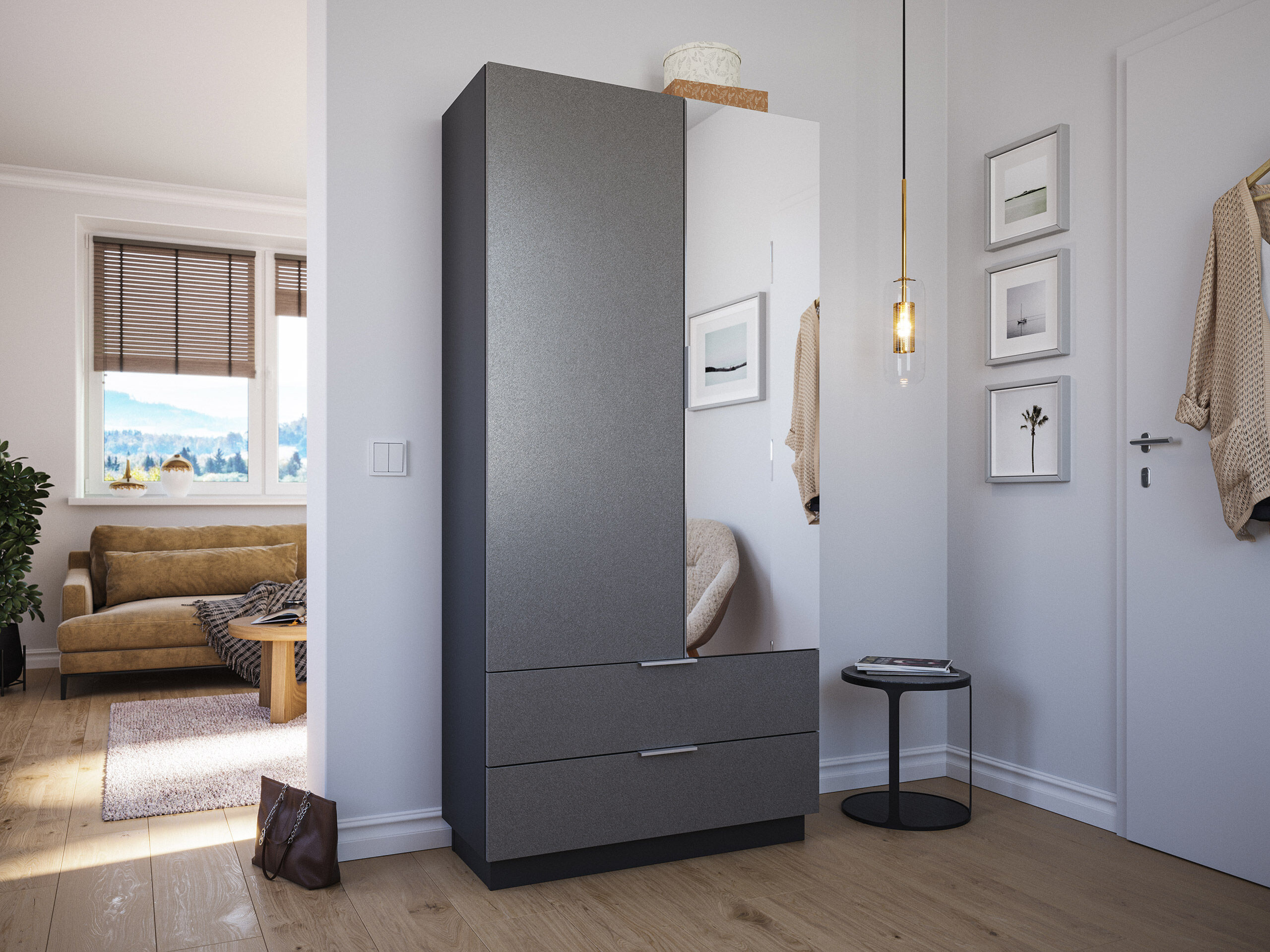 Schuhschrank Castello-L Spiegeltür 2 Softeinzüge 30 Paar Creme-Grafit