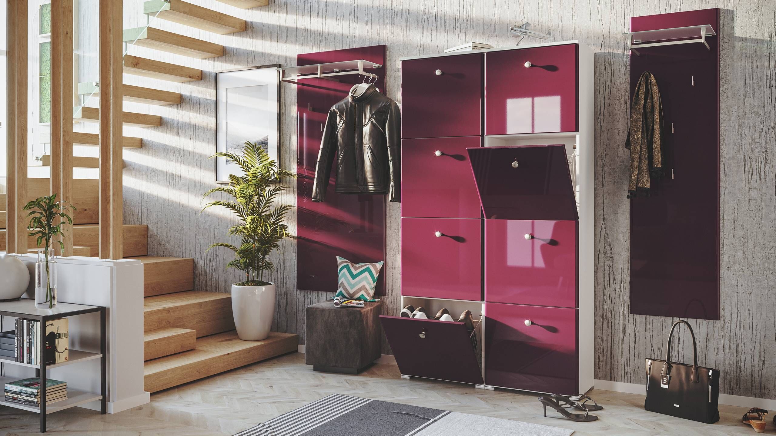 Garderobe Set 106 Visalia 3 tlg Schuhschrank 8 Klappen 32 Paar Weiss-Brombeer