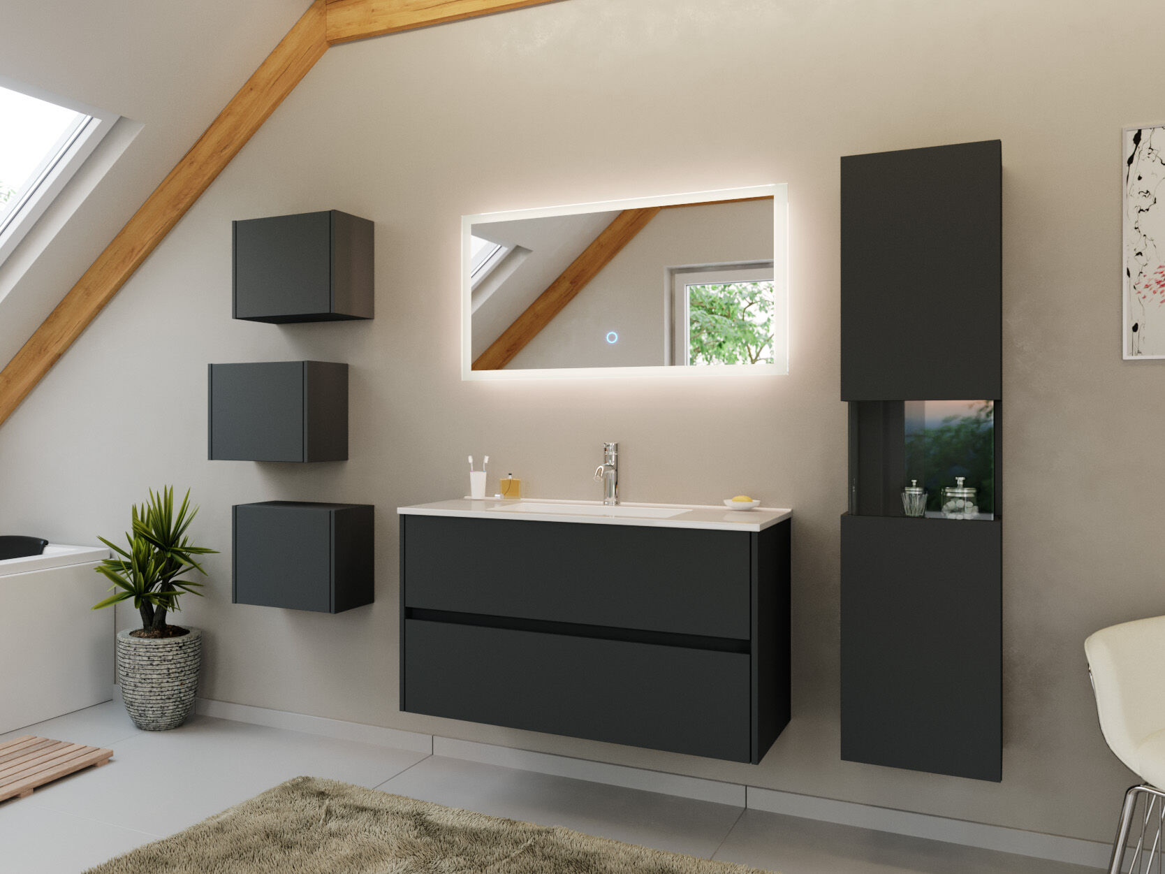Badmöbel Set Taifun 4tlg. 100 cm mit LED Spiegel, 3er Boxen & Hochschrank Grafit