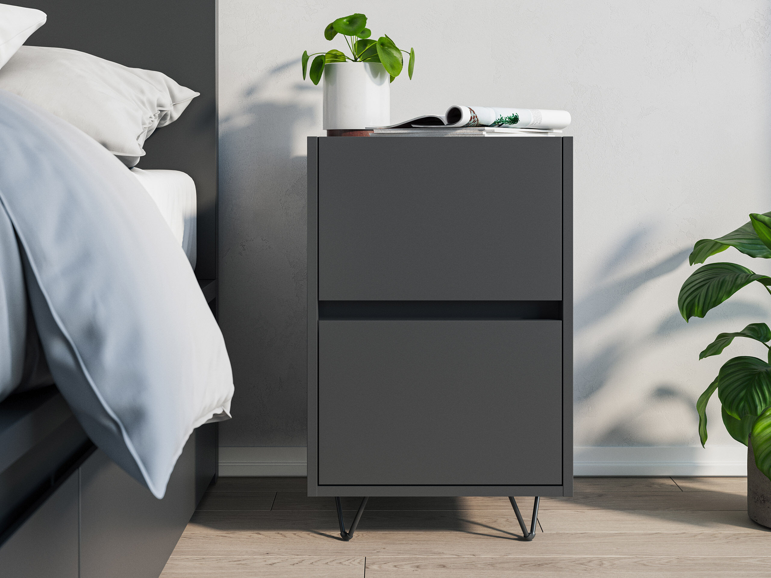 Nachttisch Yako 40cm 2 SoftClose stehend Weiß & Eiche Top