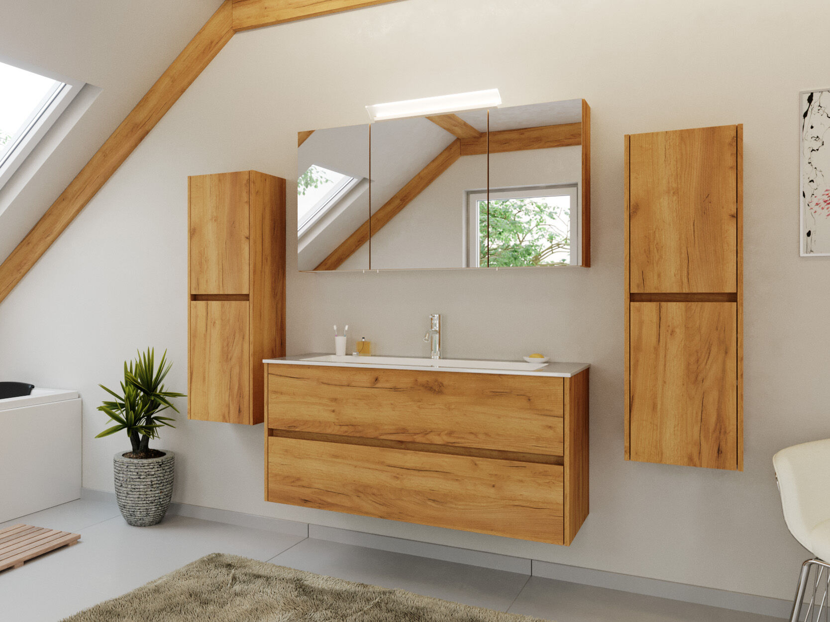 Badmöbel Set Taifun 4tlg. 120 cm mit Spiegelschrank & 2x Seitenschrank eiche | Eiche Gold
